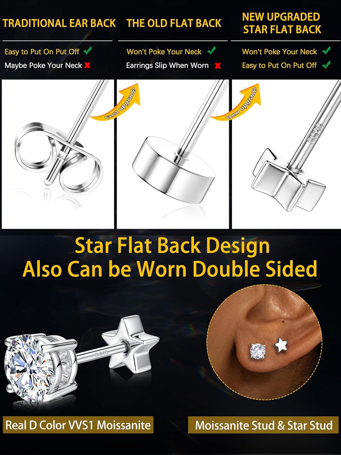 Moissanite Earrings Studs - 925 Sterling Silver Earrings for Women Men 14K Gold Plated Double Sided Star Flat Back Stud Earring Hypoallergenic Small Cartilage Helix Piercing Jewelry D Color VVS1 - Image 6