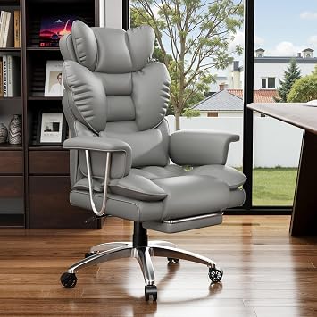 Ergonomic Office Chair - Executive Office Chair, High Back PU Leather Computer Chairs with Footrest, Adjustable Headrest and Lumbar Support Pillow, Desk Chair for Home Office, Big and Tall Grey