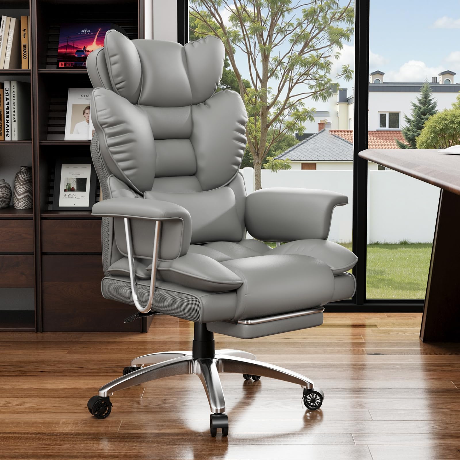 Ergonomic Office Chair - Executive Office Chair, High Back PU Leather Computer Chairs with Footrest, Adjustable Headrest and Lumbar Support Pillow, Desk Chair for Home Office, Big and Tall (Grey)