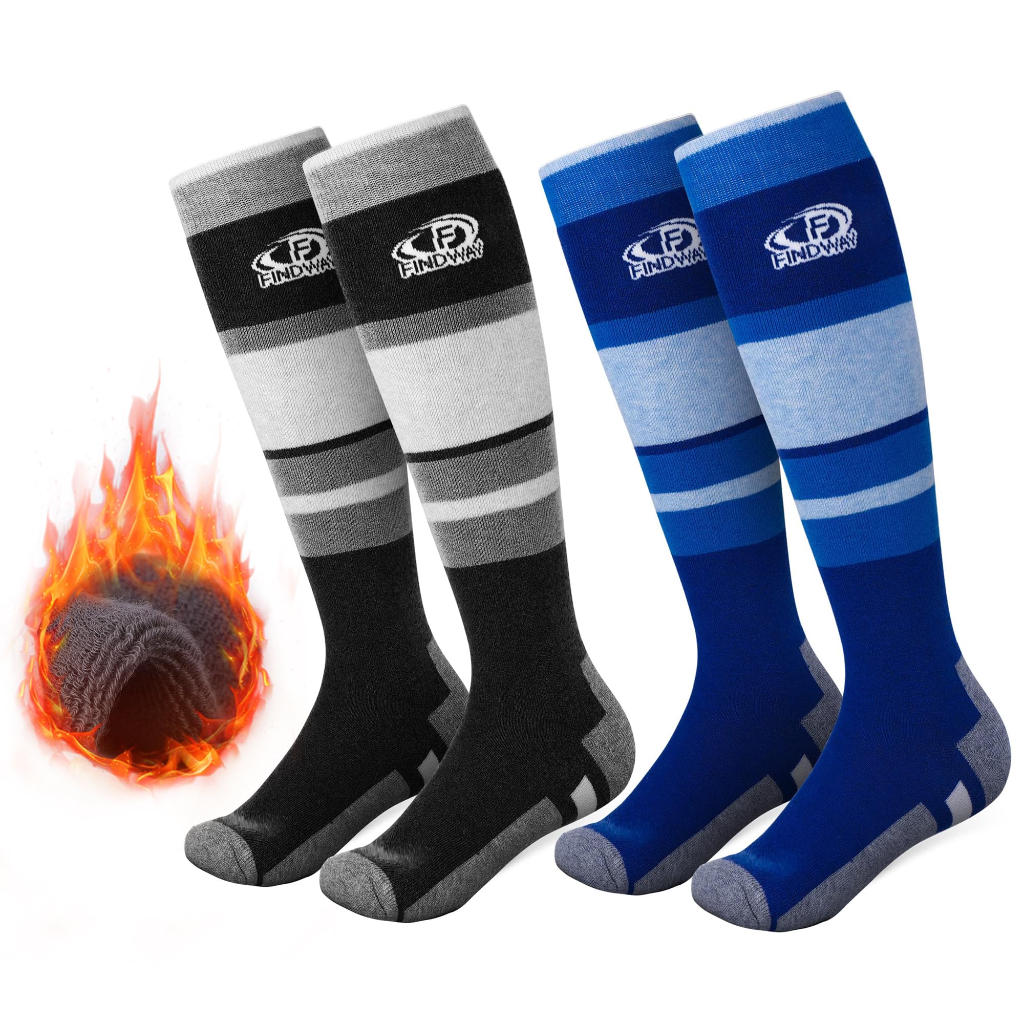 Findway Chaussettes de Ski, Chaussettes de Ski Thermiques en Laine Mérinos Femmes Hommes Chaussettes de Neige Chaudes et Douces Respirant pour Ski, Patinage Snowboard, 2 Paires/3 Paires