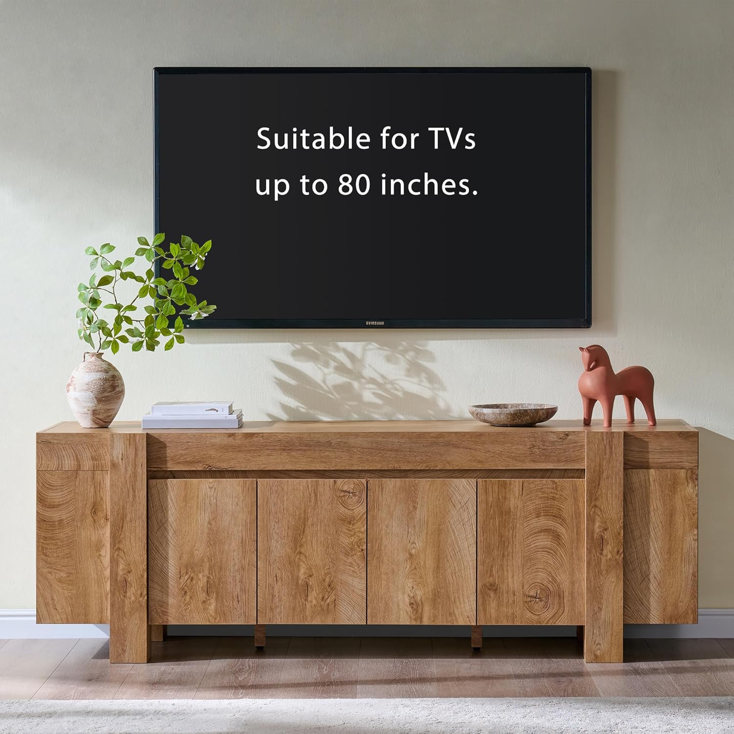 OKD Modern Farmhouse TV Stand, 70" Long Media Console Table with Storage Cabinet, Wooden Entertainment Center for Living Room, Light Knotty