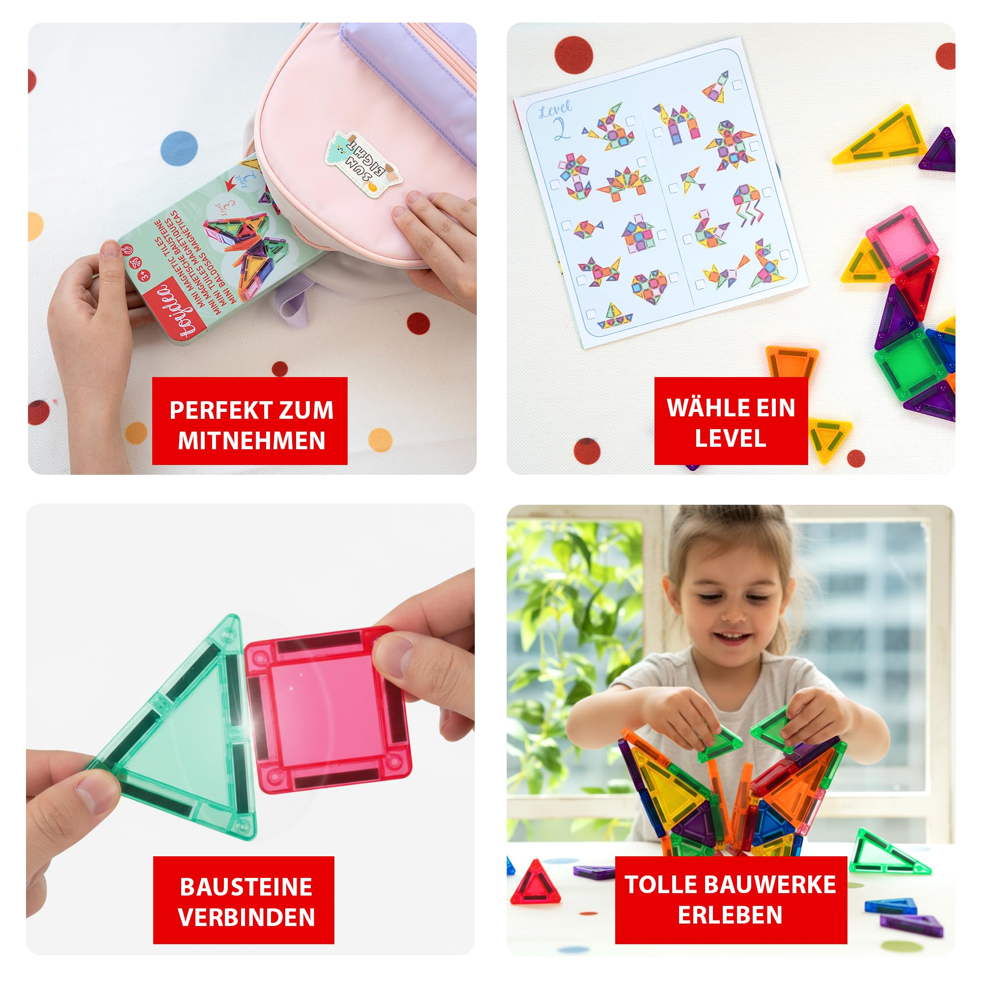 Magnetische Bausteine – Mini Reiseset mit 36 Teilen für Kinder ab 3 bis 8 Jahren, Umweltfreundlich & Montessori-Spielzeug inspiriert, Pädagogisches Magnetspiel für Reisen, Autofahrt & Flugzeug