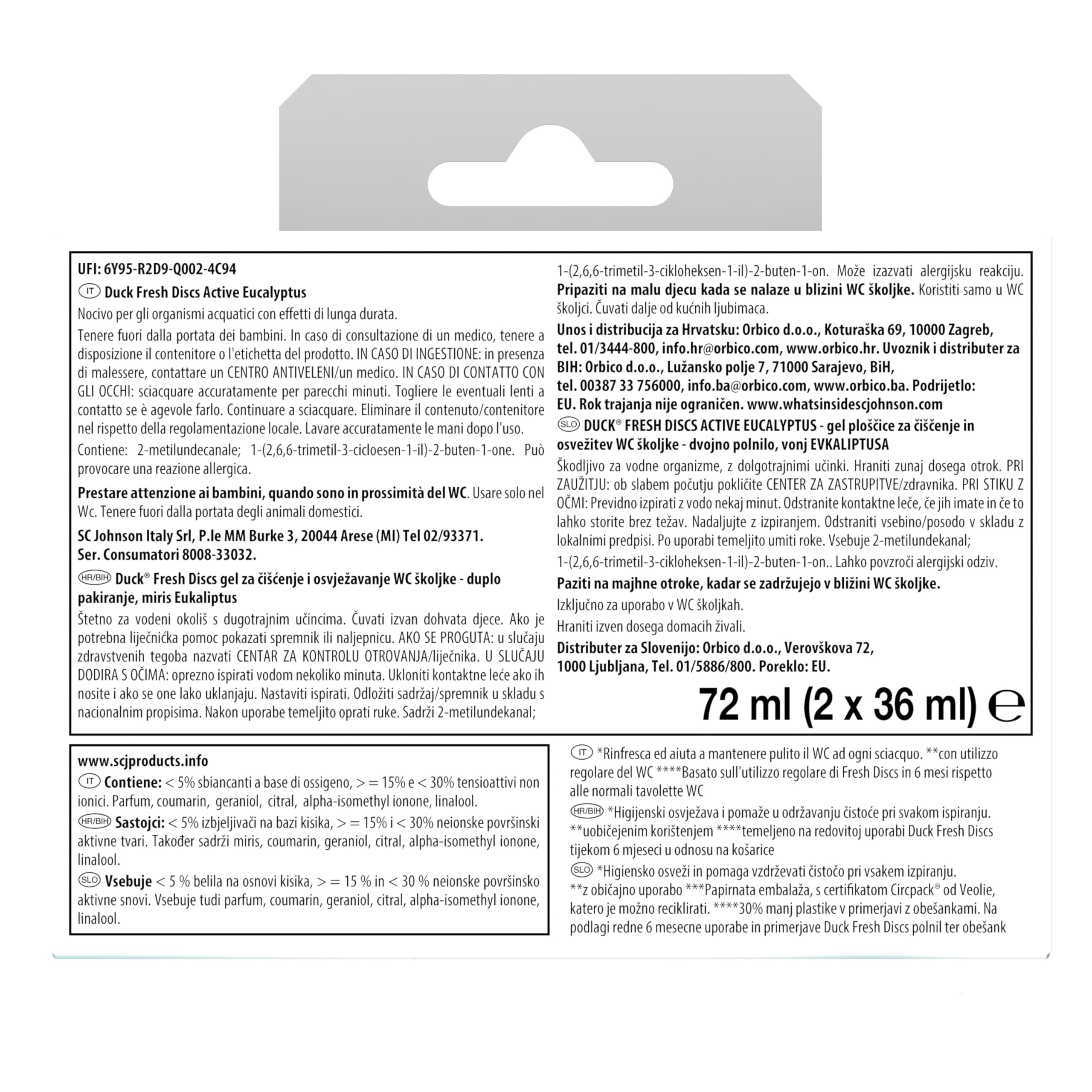 Duck Fresh Discs - 2 Ricariche da 6 Dischi Gel Igienizzanti WC, Fragranza Eucalipto con agenti candeggianti, Confezione da 2 Applicatori e 12 dischetti