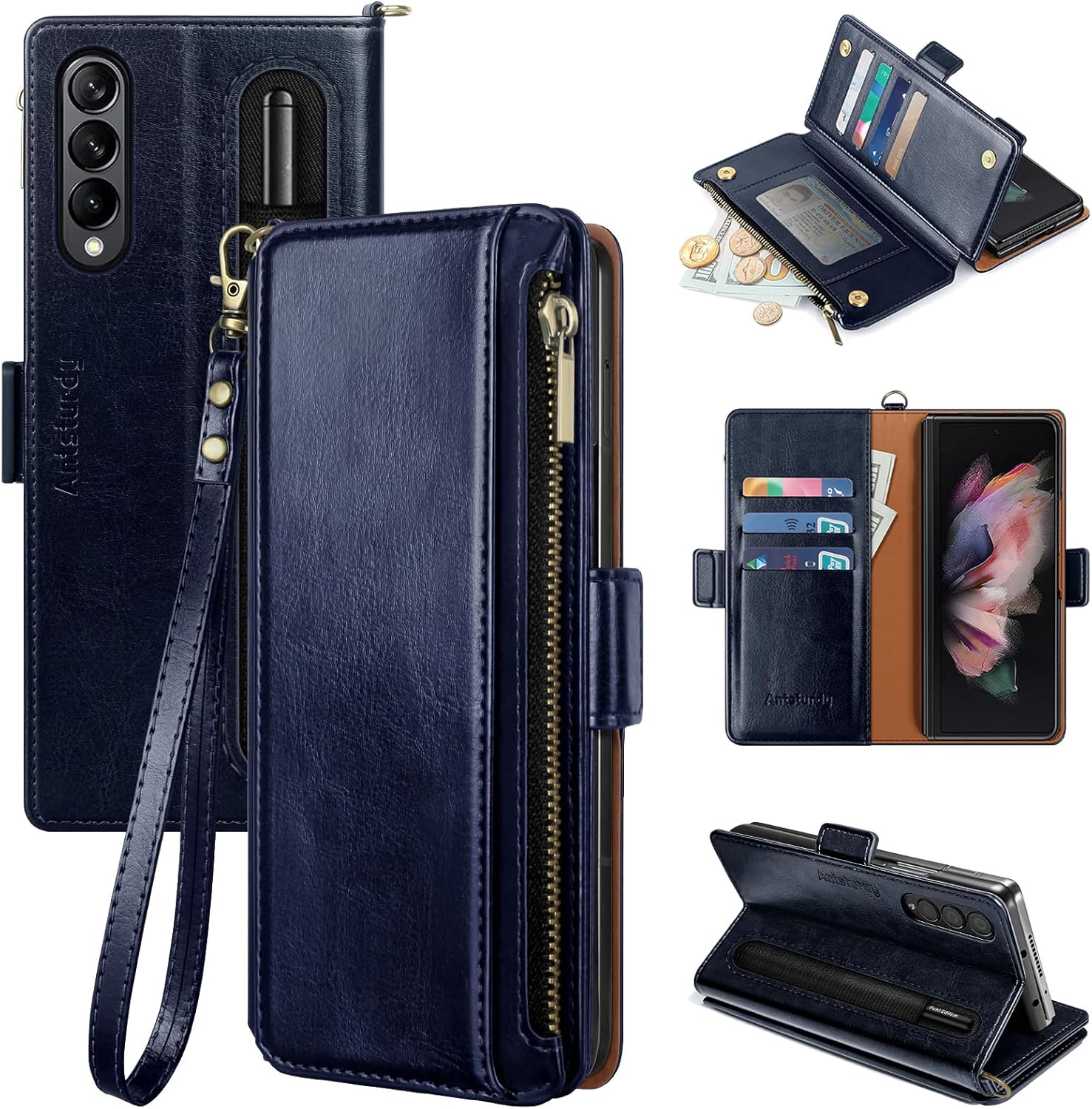 Antsturdy Compatible with Samsung Galaxy Z Fold 4 Case Wallet Women with【S Pen Holder】 Phone Case with Card Holder Strap PU Leather RFID Blocking Flip Protective Cover Credit Slots Men,Wine Red