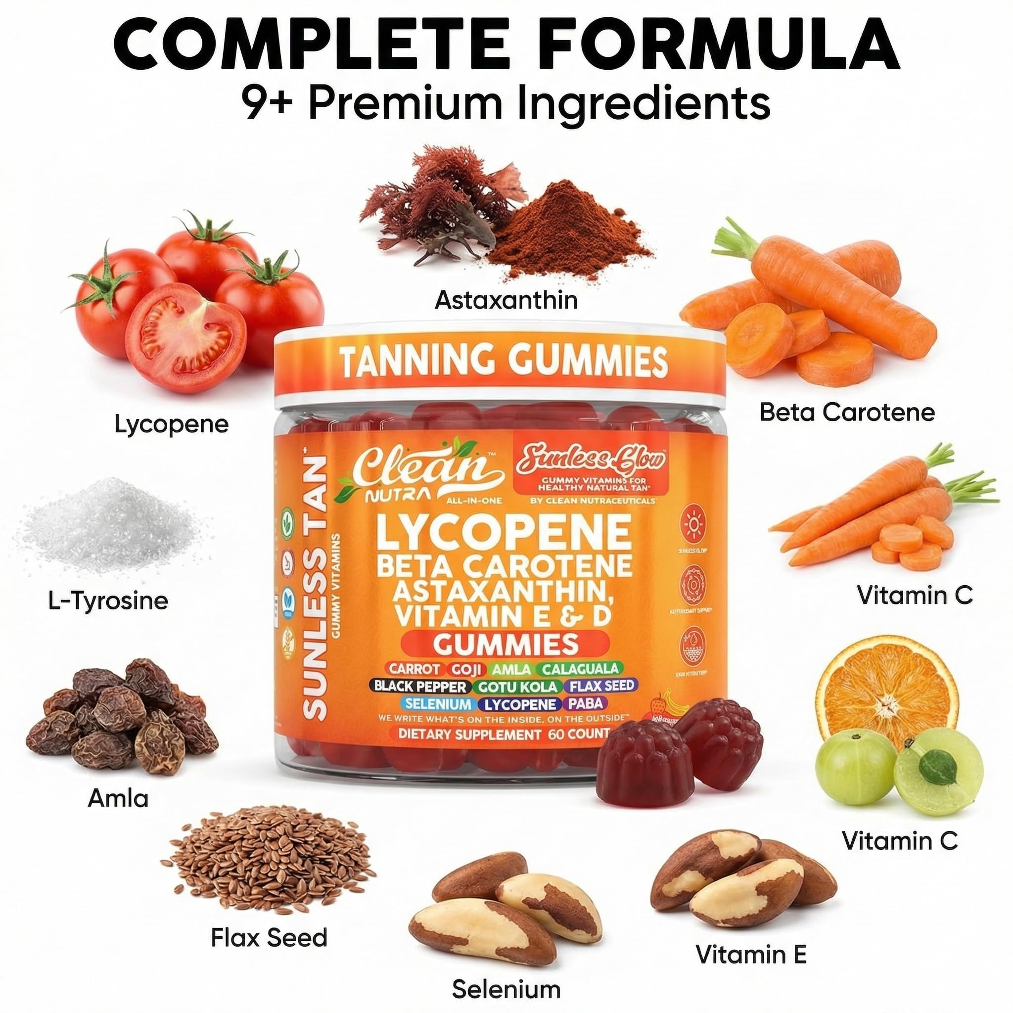 Sunless Glow Lycopene Beta Carotene Tanning Gummies Astaxanthin Vitamin C D E Flax Seed Selenium Amla l Tyrosine PABA Black Pepper 60 Count Strawberry Banana Flavor By Clean Nutra — Amazon image 4