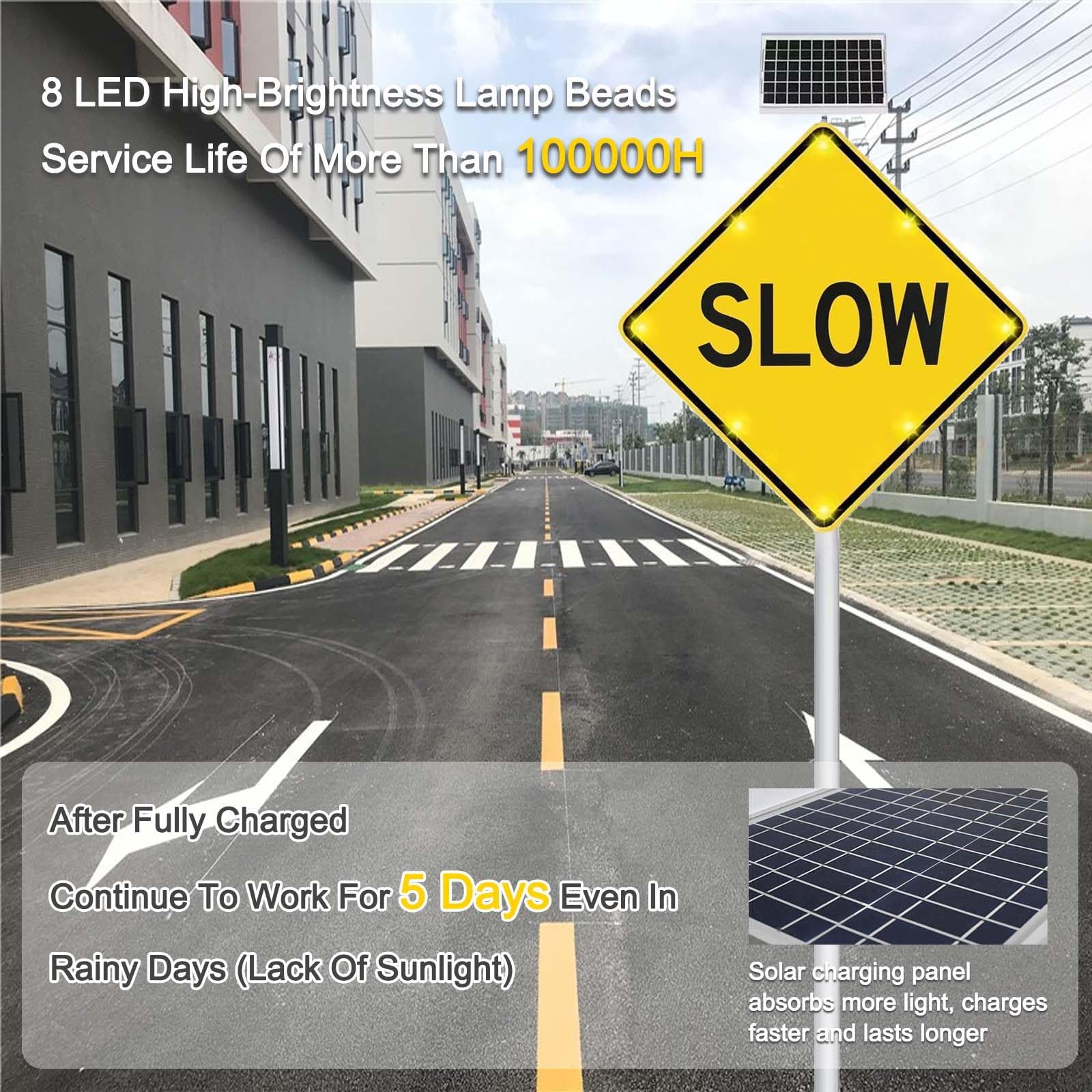 Señal Luminosa De Seguridad Intermitente con LED – Alimentada por Energía Solar, Cartel De Aluminio Reflectante para Seguridad Vial Exterior, Marco De Aluminio, 8 LED 24"