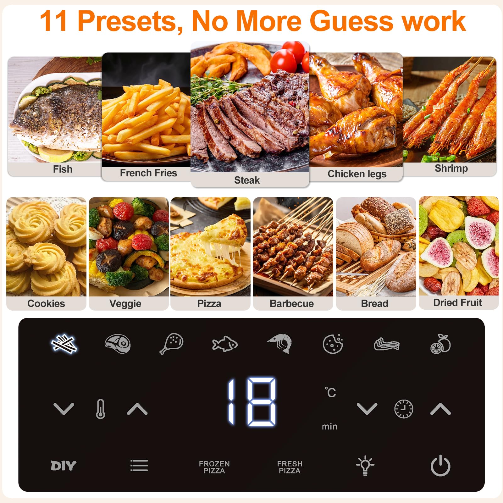 11-in-1 Air Fryer Oven with Dual Heating System, 4.5QT Nonstick Air Fryers Toaster Oven Combo Oil-Free Broil, Roast, Dehydrate, Bake, Reheat, with Window & Digital Touch Display, Fits 4 People - Detailed View