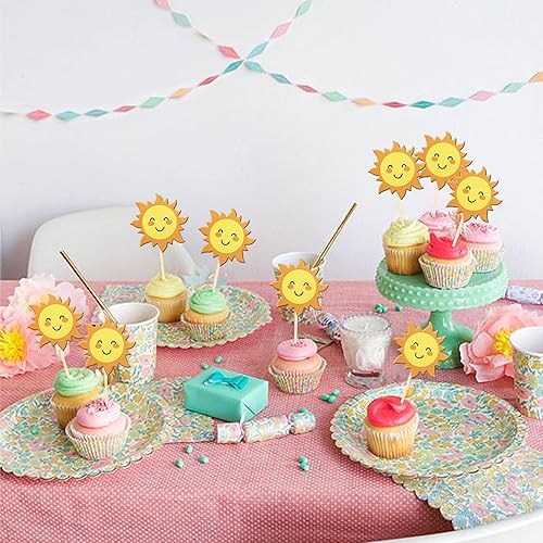 Miniatura 6 de 36 piezas de decoración para cupcakes de sol de doble cara con diseño de flores y sonrisas, decoración de cupcakes SunShine para temática de sol,