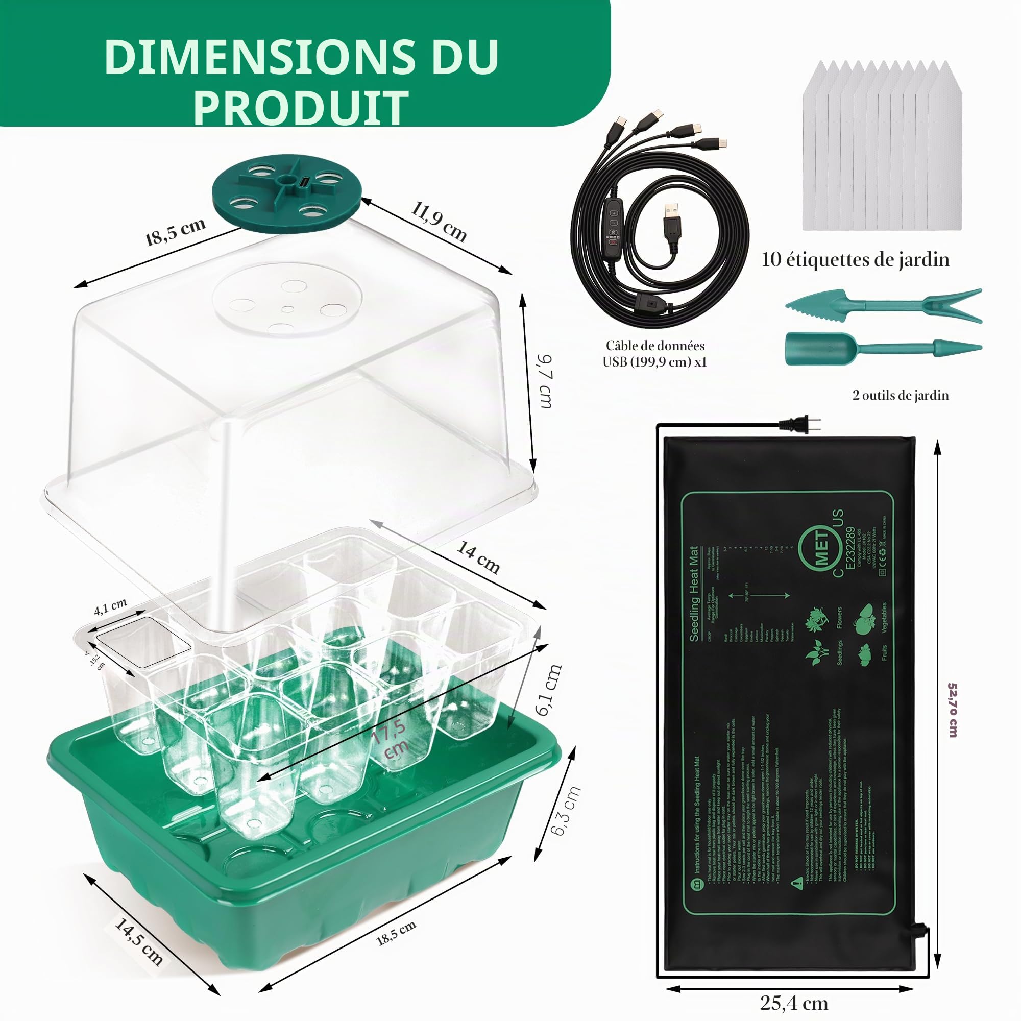 Lot de 4 plateaux de démarrage de semis avec lampe de croissance et tapis chauffant, kit de démarrage de 48 cellules avec dôme d’humidité réglable et base, kit de germination pour la culture