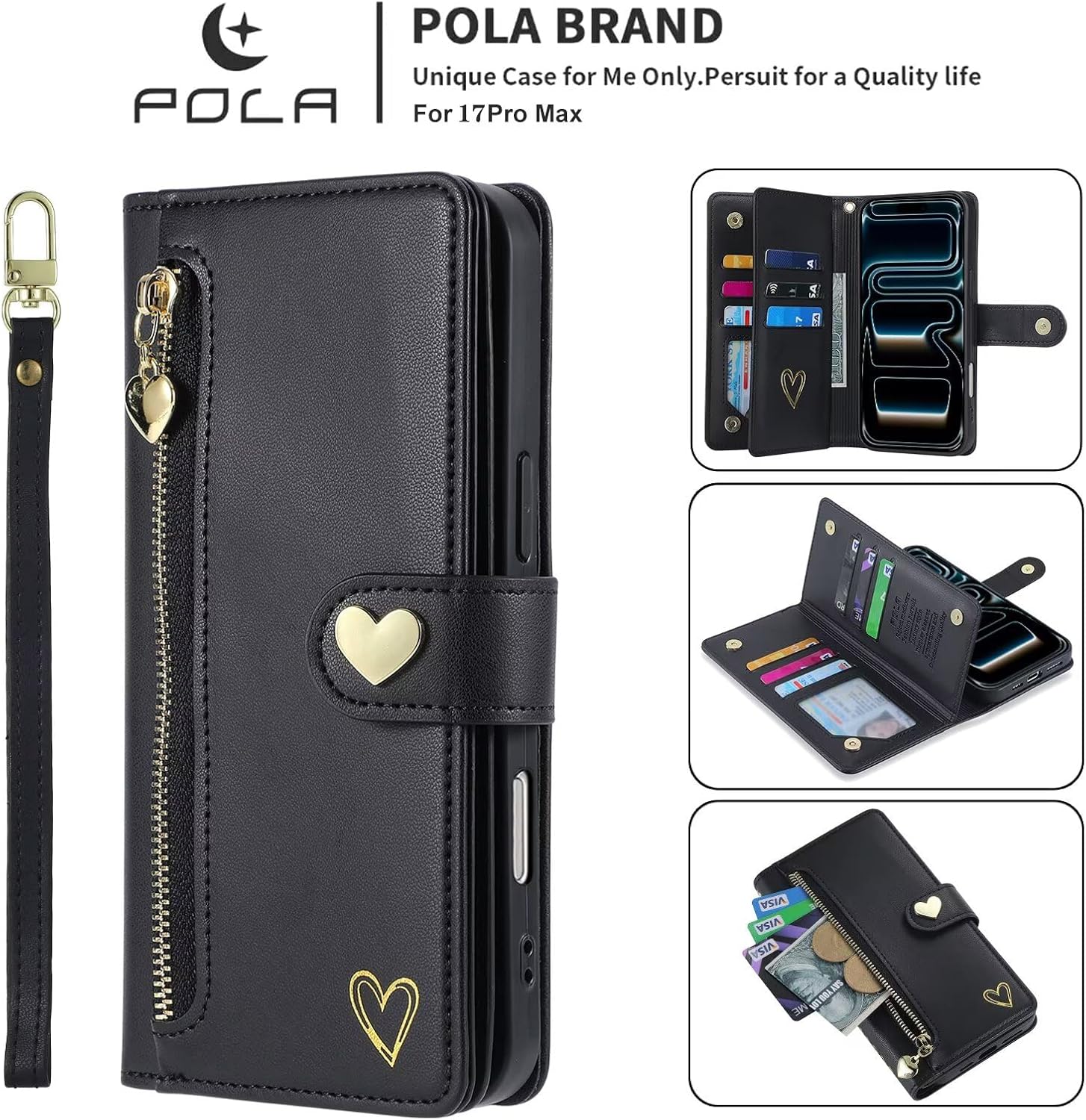 Wallet Case for iPhone 17 Pro Max, Fashion PU Leather Heart Cover for Women Girls, Handbag Zipper Pocket Magnetic Shockproof Flip Phone Case with Wrist Strap Card Slot Kickstand Black