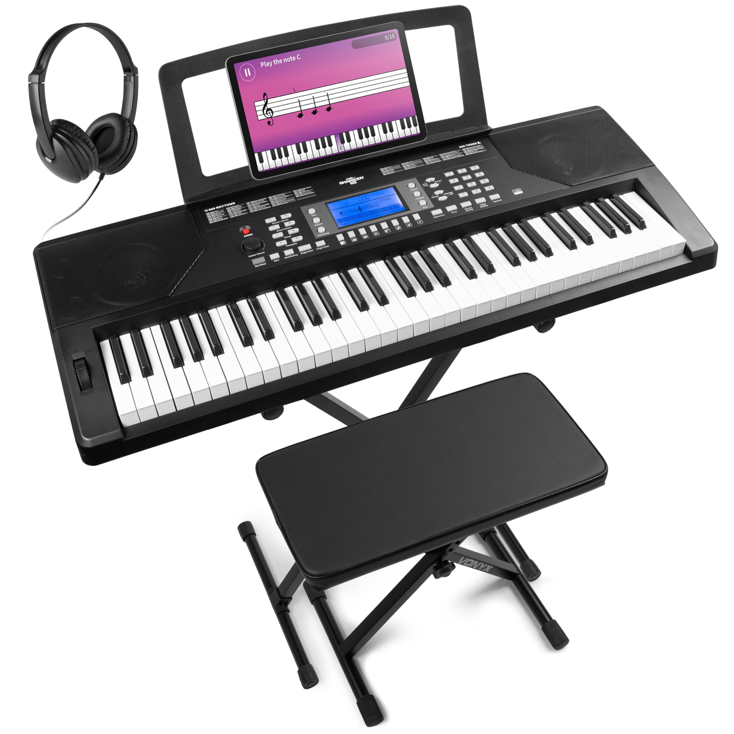 MAX Rhapsody61P - Piano eléctrico Midi de 61 teclas con auriculares, soporte de teclado, banqueta, pantalla LCD, 40 canciones de demostración, con función de aprendizaje, 300 tipos de sonido