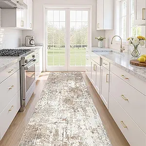 Runner Rug Kitchen Washable Rugs: 3x10 Non-Slip Abstract Soft Modern Stain Resistant Indoor Floor Neutral Accent Throw Carpet for Hallway Bathroom Laundry Room Entryway Bedroom- Brown