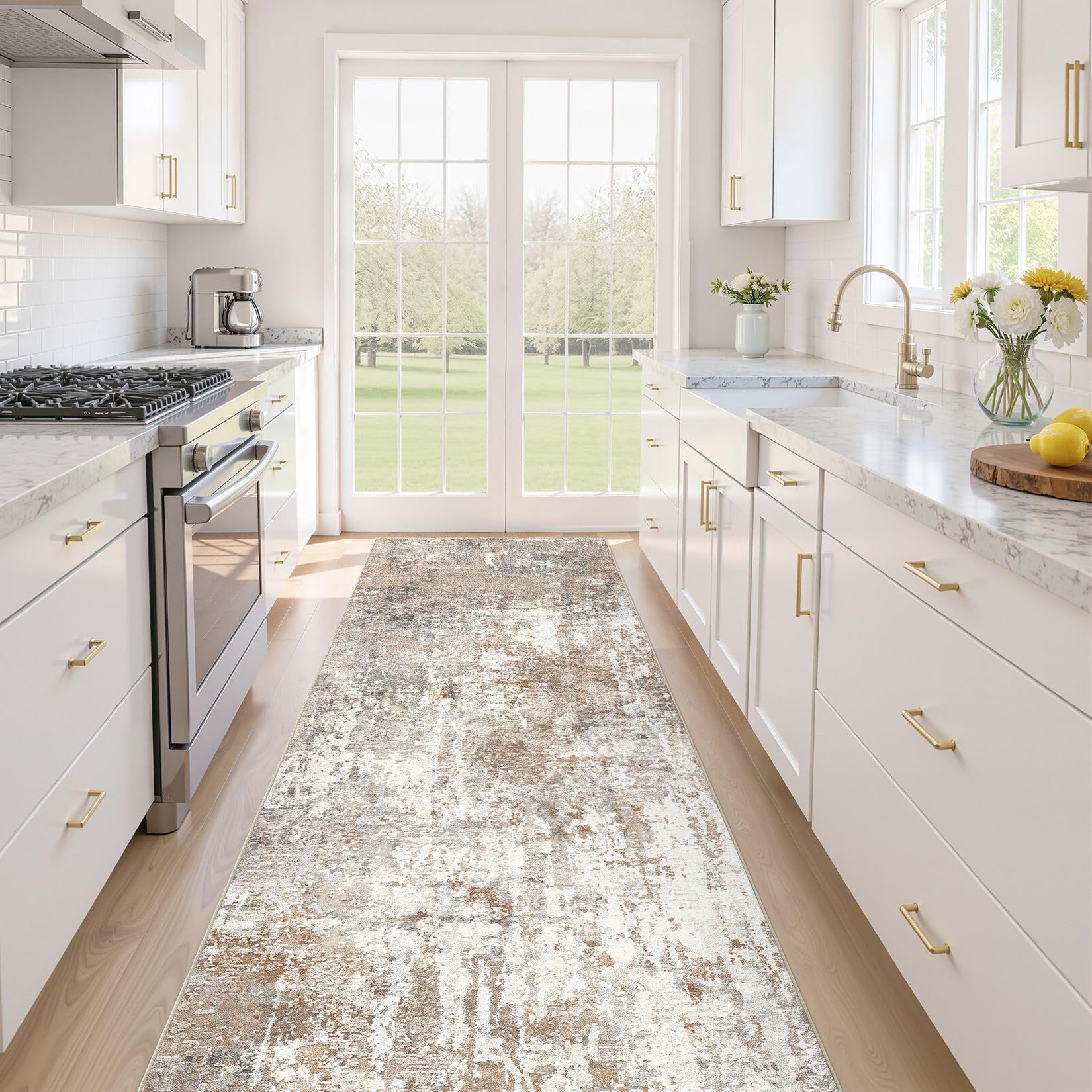 Runner Rug Kitchen Washable Rugs: 3x10 Non-Slip Abstract Soft Modern Stain Resistant Indoor Floor Neutral Accent Throw Carpet for Hallway Bathroom