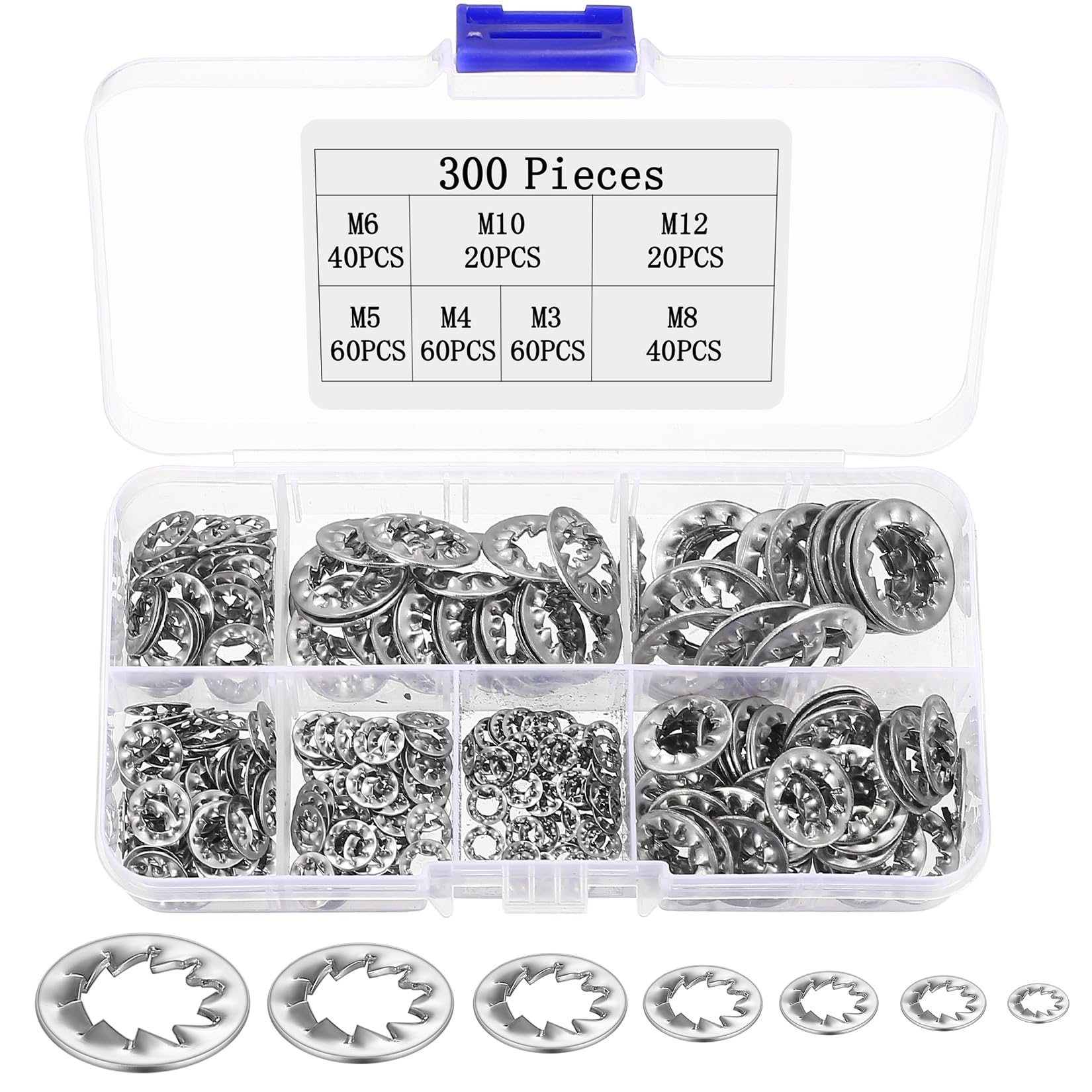 300 Pcs Stainless Steel Washers Assorted, Internal Tooth Lock Washers, Toothed Serrated Lock Washer Set, Shakeproof Locking Washer Assortment Kit(M3/M4/M5/M6/M8/M10/M12)