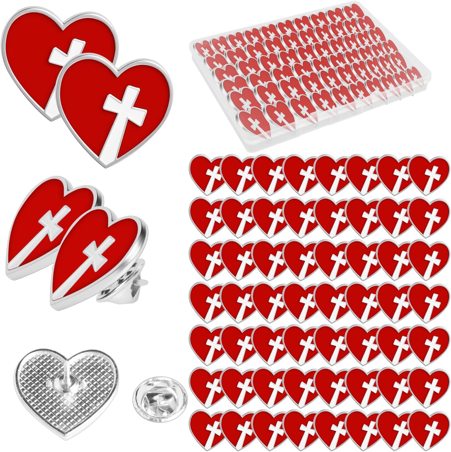 60 Pcs Religious Sacred Heart of Jesus Pins Bulk Enamel Lapel Pins Christian Cross Red Heart Brooch for School Sunday Church Funeral Clergy Appreciation Gift