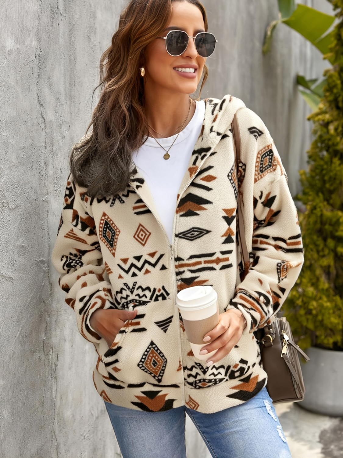 LUKYCILD Womens Western Aztec Print Zip up Hoodies Sweatshirt Sherpa Fleece Jacket Coat with Pockets Casual Warm Outwear - Image 4