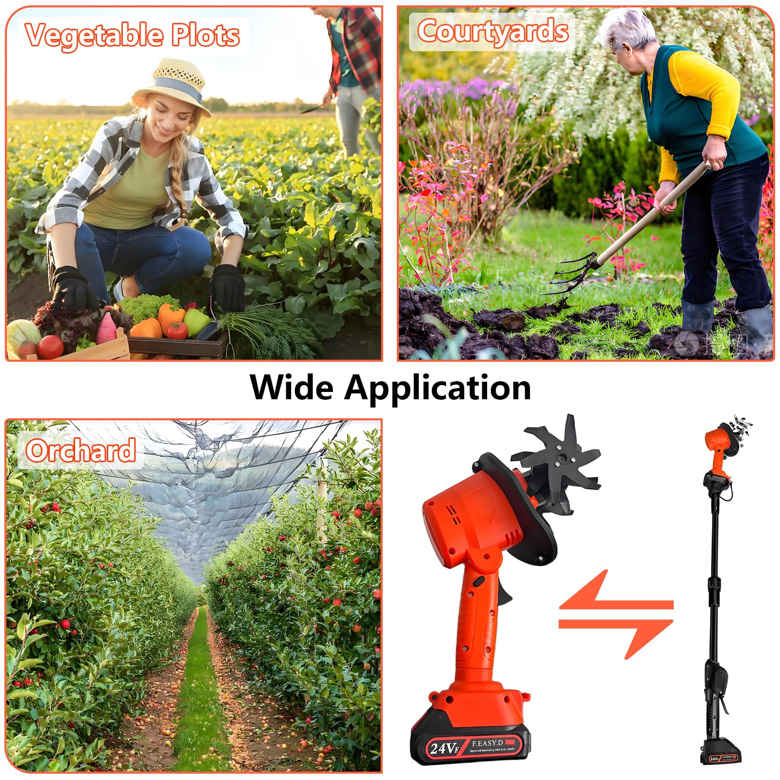 Motobineuse sans Fil 24V Motoculteur éLectrique sans Fil avec 2 Batteries de 1500 Mah et Chargeur Motoculteur Batterie Largeur de Travail 10 Cm Profondeur 10 Cm pour Jardinage et Cultivate
