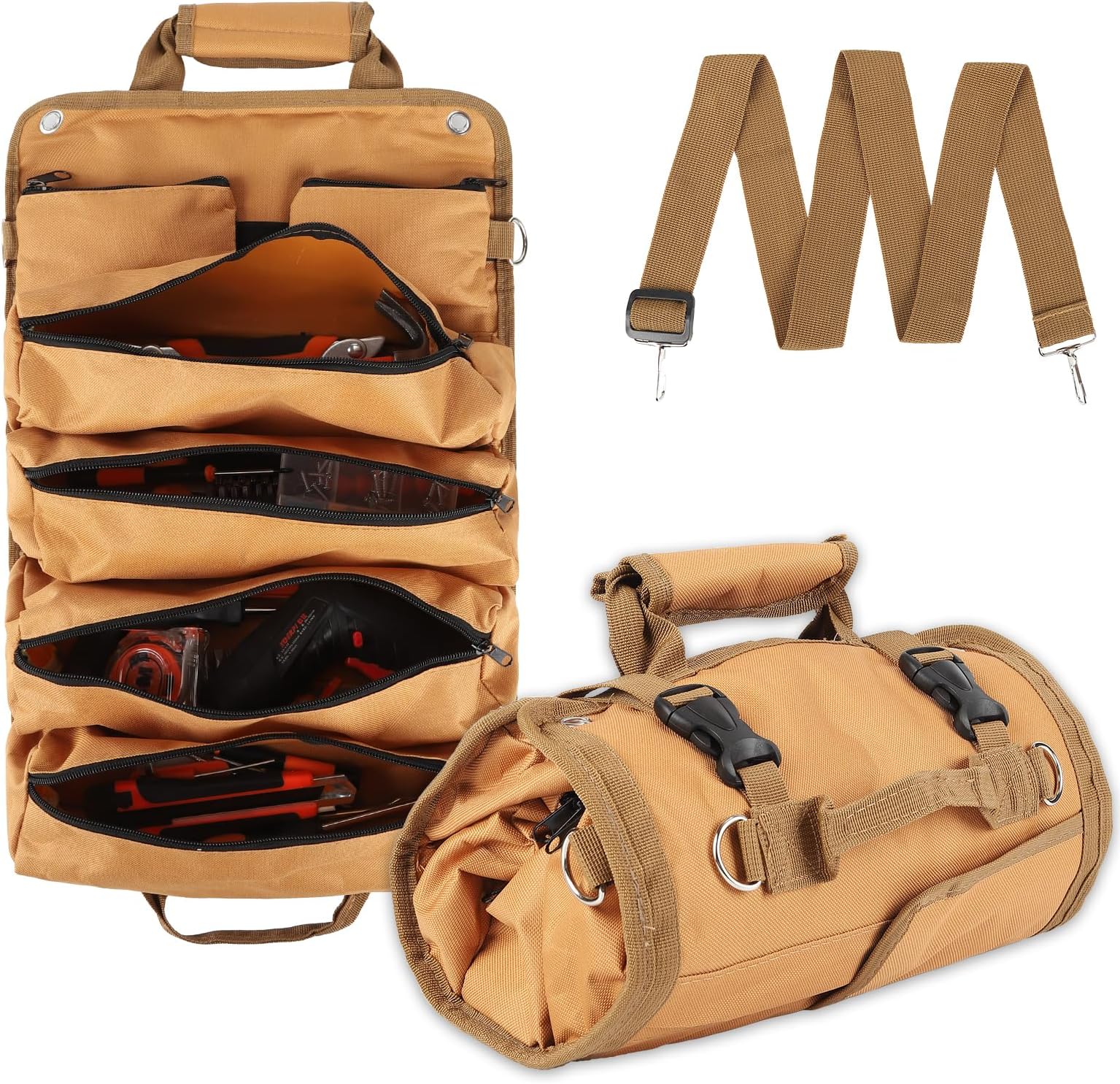 – Tool Organizer Bag, Foldable Roll Up Heavy Duty Bag Organizer, with 2 Detachable Pouches, Mechanic Carrying Toolbag, Gifts for Dad Men Birthday Father Day (Khaki)
