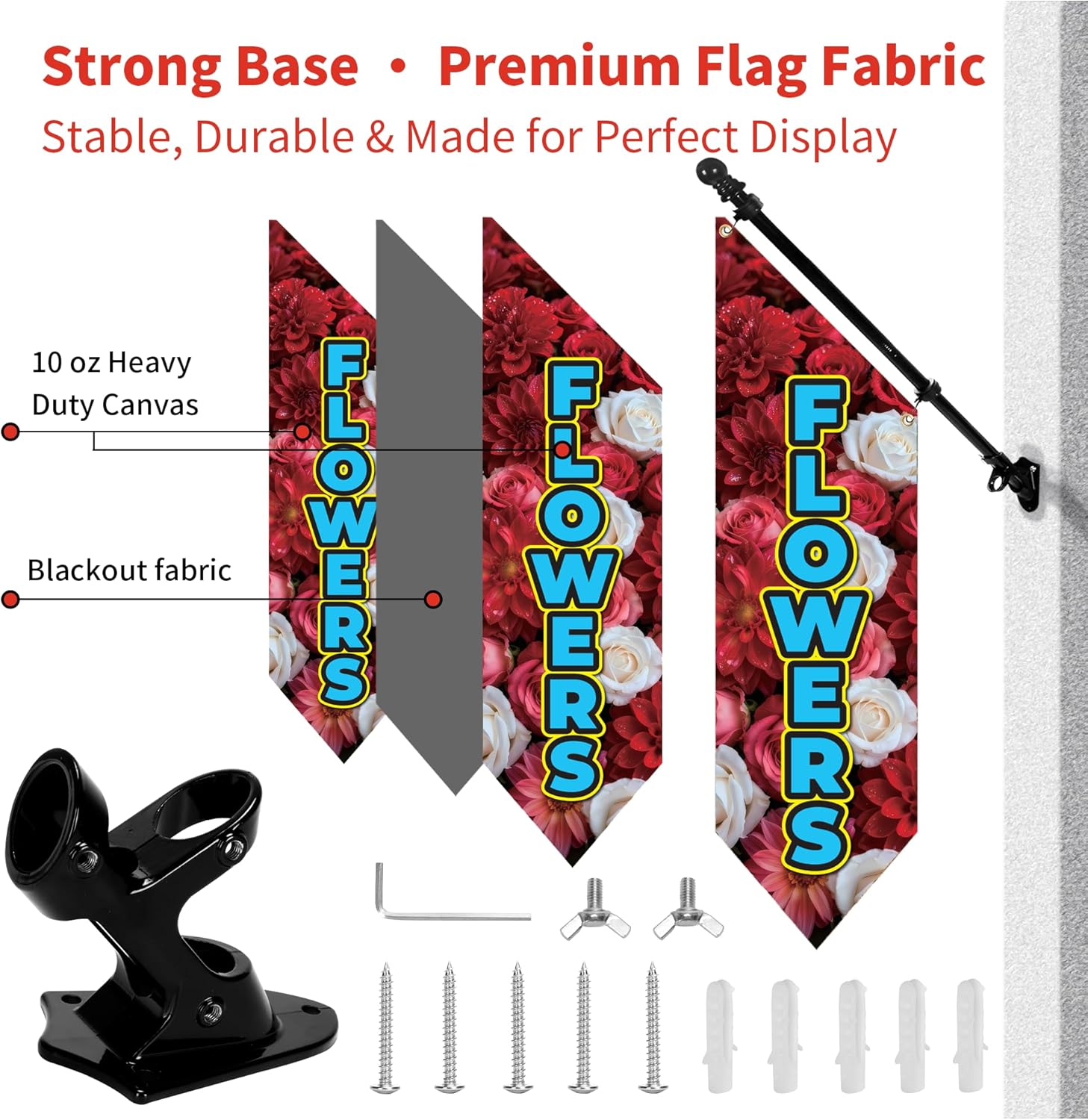 Farm Stand Flowers Flag with Pole Kit – 42x12in Double Sided Heavy-Duty Canvas Outdoor Banner for Flower Market Stand, Shop Sign, Commercial Stall Decor(Red)