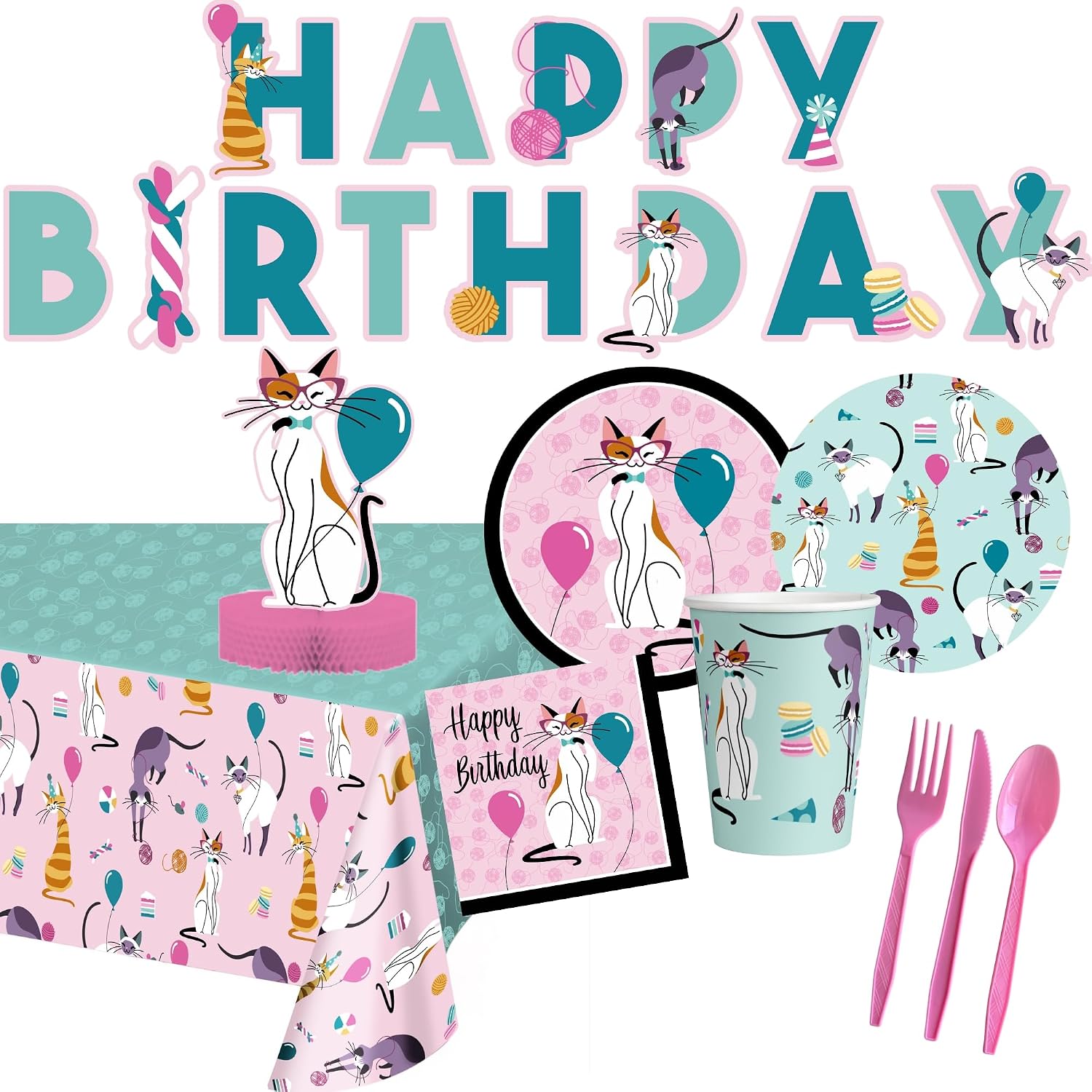 Cat Party Supplies and Decorations - Kitty Cat Plates Cups Napkins for 16 People - Includes Banner, Tablecloth and Centerpiece - Perfect Cat Birthday Party Decorations!