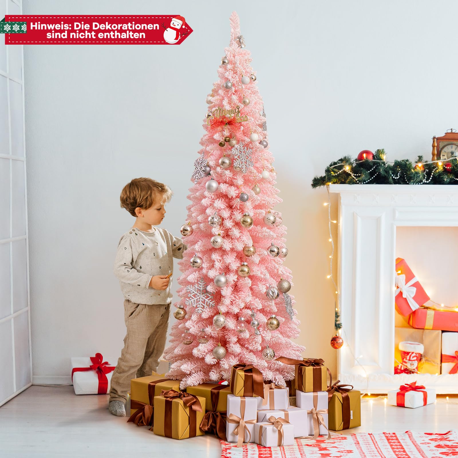 COSTWAY künstlicher Weihnachtsbaum Bleistift, 180 cm Tannenbaum mit Schnee, Christbaum mit 460 Zweigspitzen & klappbarem Metallständer, schlanker Kunstbaum Weihnachten für Zuhause, Büro (Rosa)