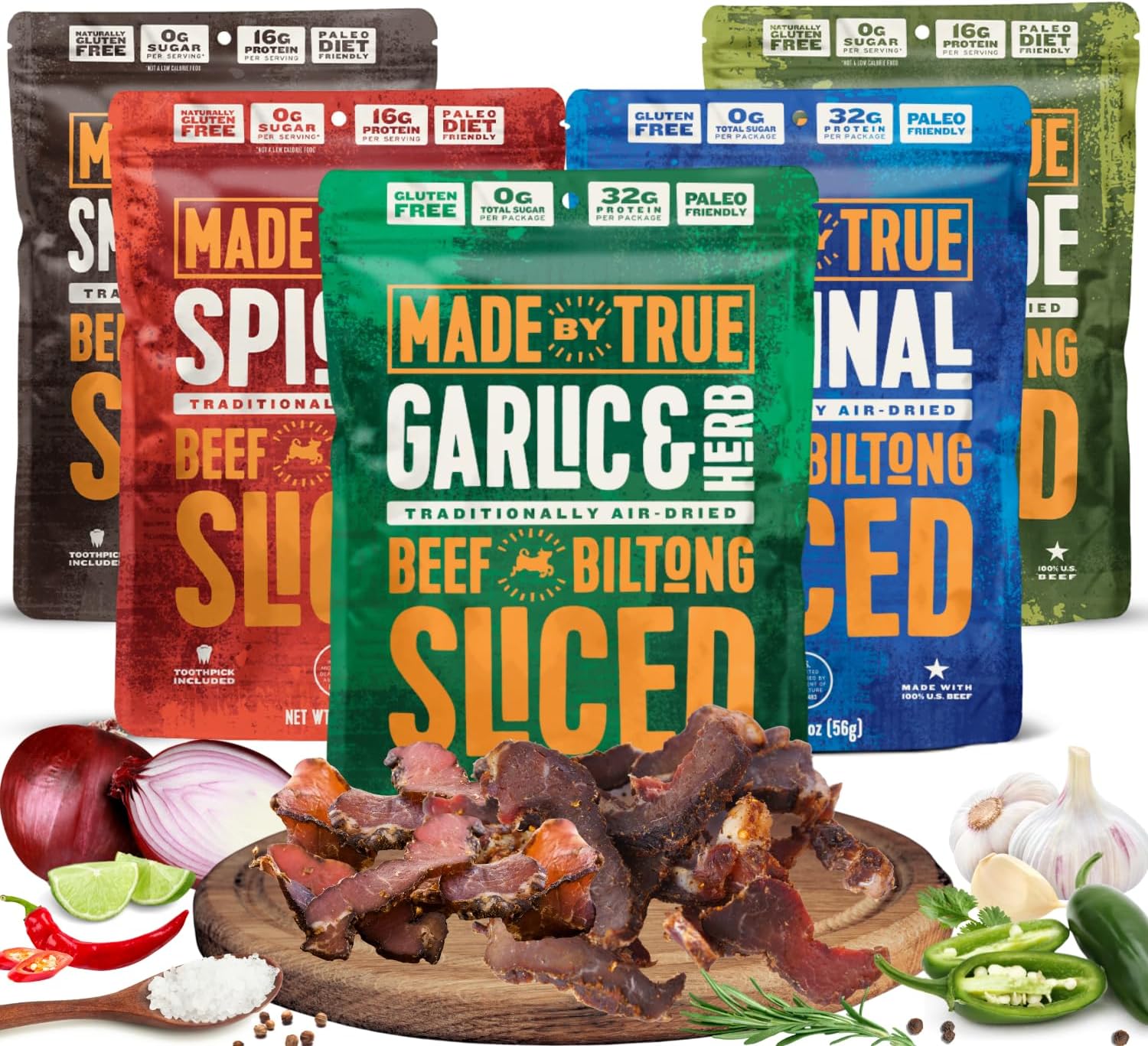Made by True Beef Sliced Bites Ultimate Variety (2 Ounce, Pack of 5) - All Natural, Zero-Sugar True Jerky Biltong - High Protein, Keto, Paleo & Whole 30 Diet - Sugar-Free, Gluten-Free, Carb-Free