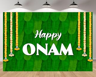 10x6.5ft Onam Festival Backdrop with Banana Leaves & Floral Garlands Green Background for South Indian Kerala Celebration Party Decor Photo Studio Booth Props Banner Wallpapers