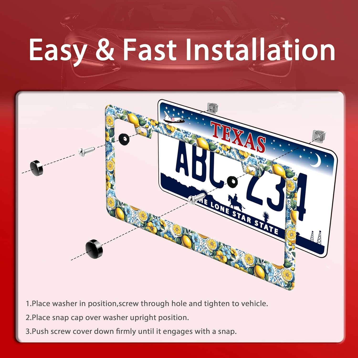 Lemon Flowers Print Stainless Steel License Plate Frame for US Cars Decor image 3