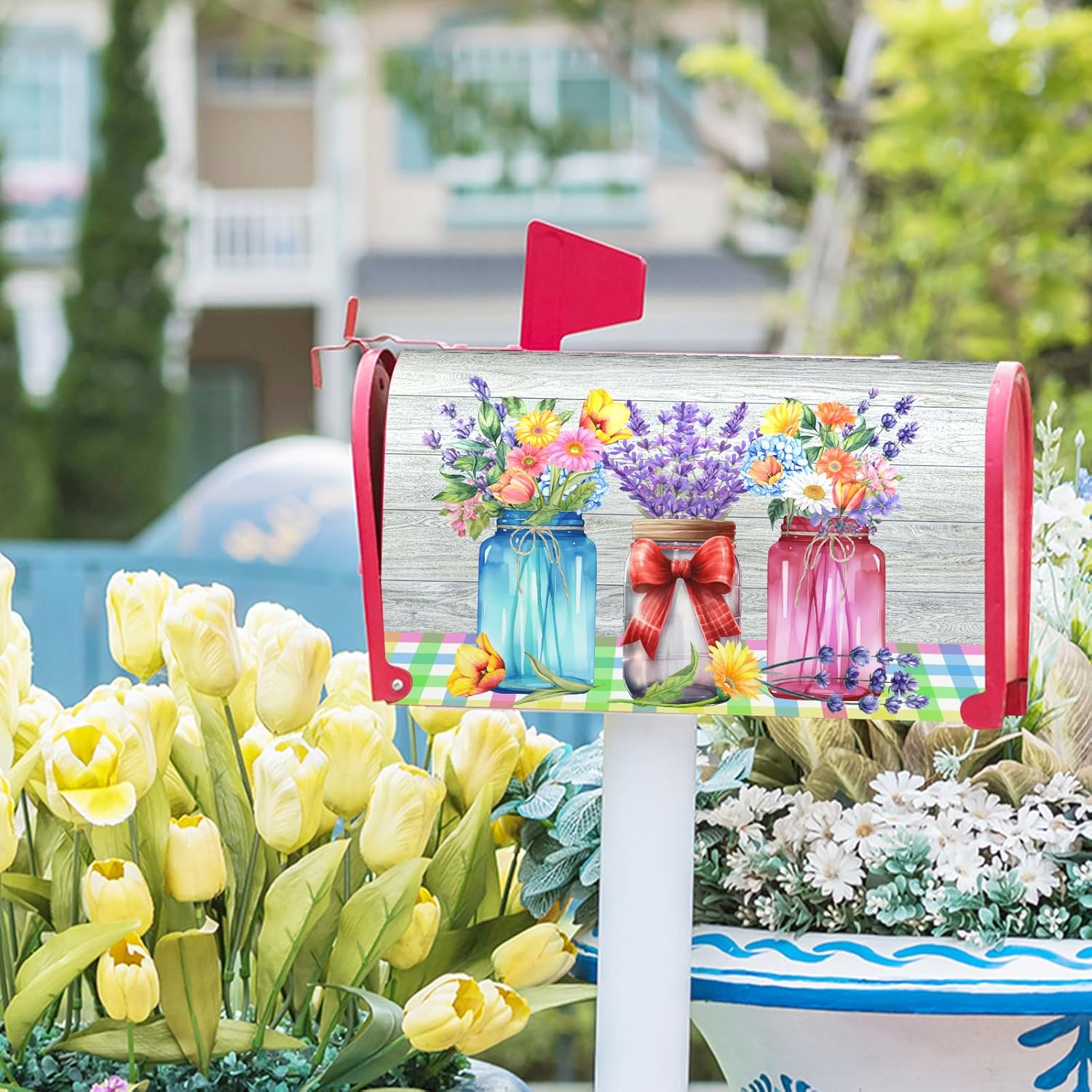 Spring Floral Mailbox Covers Magnetic Colorful Flowers Leaf Mailbox Cover Standard Size 18 X 21 Inch Spring/Summer Holiday Welcome Wrap Post Letter Box Decorative for Home Outdoor Garden