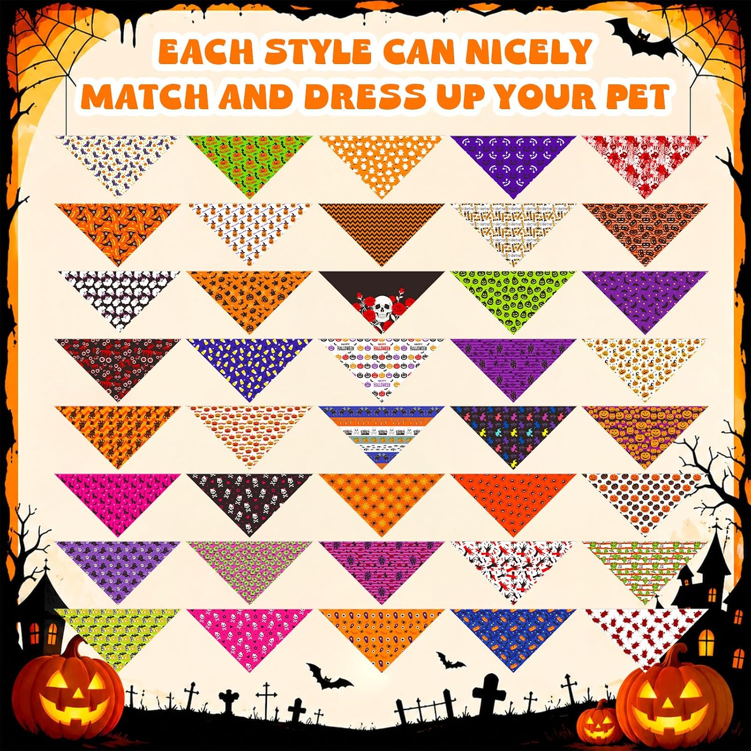 Sanwuta 120 Pcs Halloween Dog Bandanas Bulk, 40 Printed Designs image 3