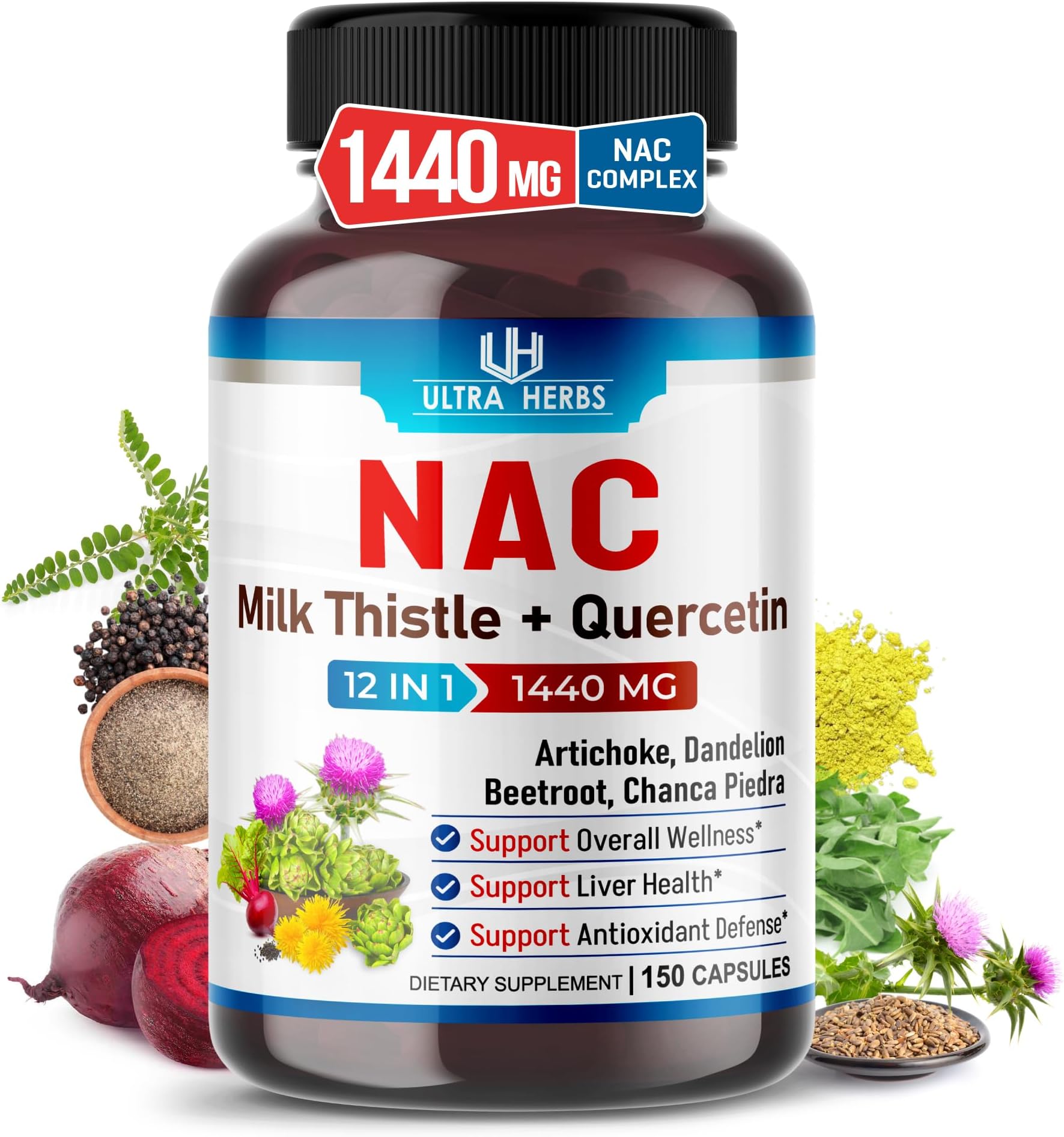 Ultra Herbs NAC 12-in-1 1440 mg with Milk Thistle & Quercetin, 150 Count | Antioxidant and liver wellness with 900 mg NAC with Artichoke 10:1 extract, offering a 50-day supply. Non-GMO, Gluten-Free.