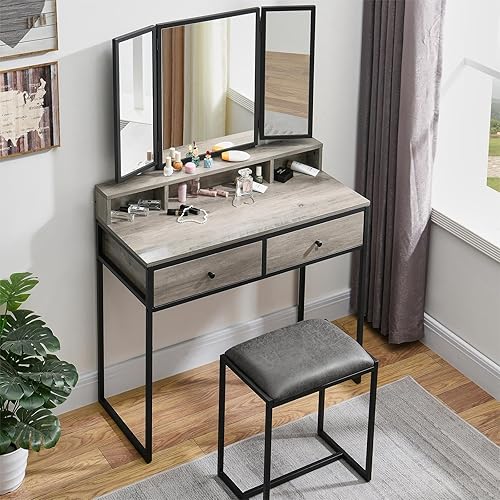 LEEMTORIG Juego de mesa de tocador con espejo triple plegable, escritorio de maquillaje de 36 pulgadas de ancho con espejo y taburete acolchado,