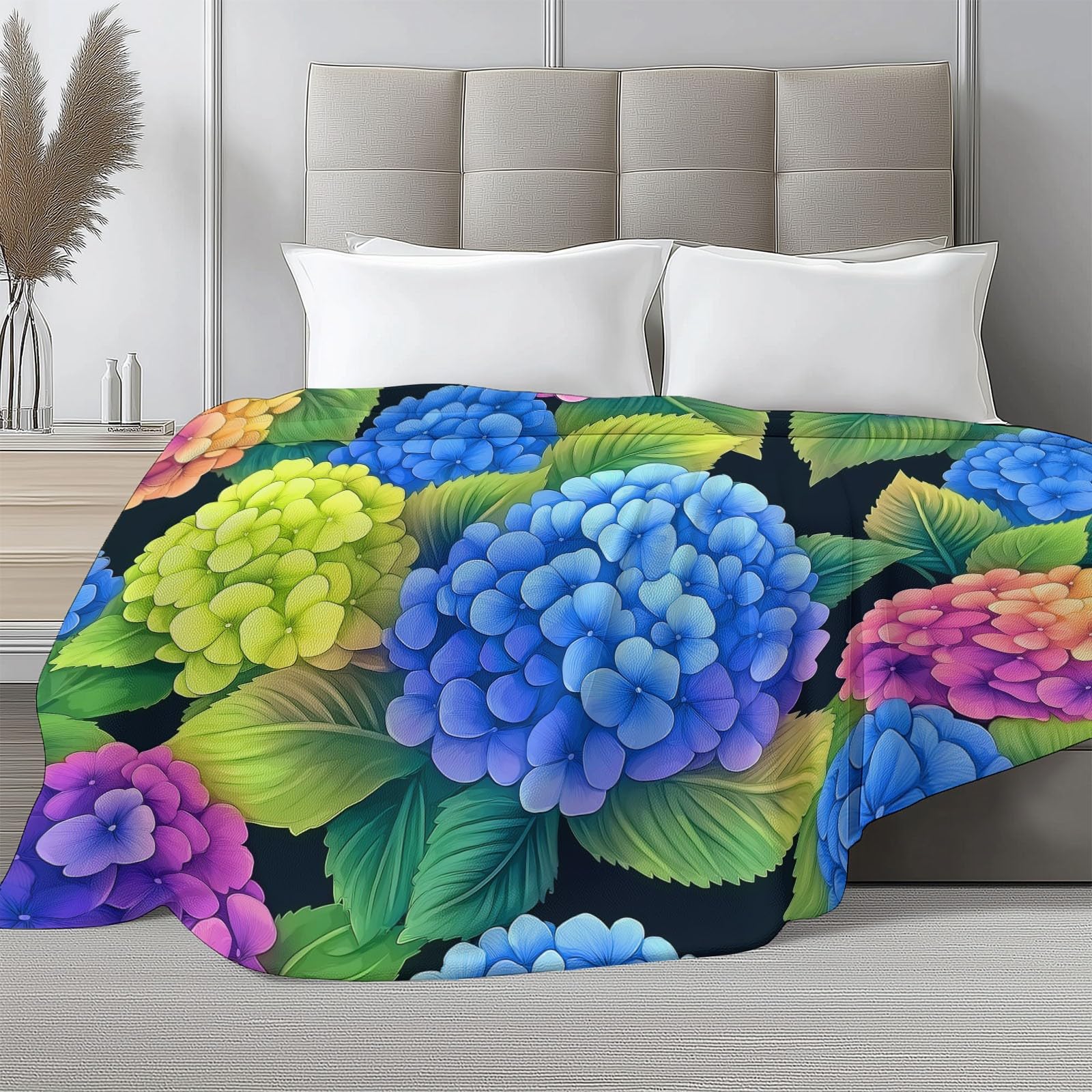 Koc Sherpa 180 x 200 cm Hortensja Rośliny w kratę Ciepły i wygodny koc Puszysty miękki kolor, dwustronny, przyjazny alergikom, na krzesło sofa łóżko biurowe
