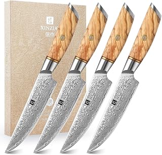 Steak Knife Set of 4, Damascus Powder Steel Kitchen Steak Knife Set, Non Serrated Steak Knives, Razor-Sharp Dinner knives with Gift Box, Kitchen Table Knife with Olive Wood Handle-Lan Series