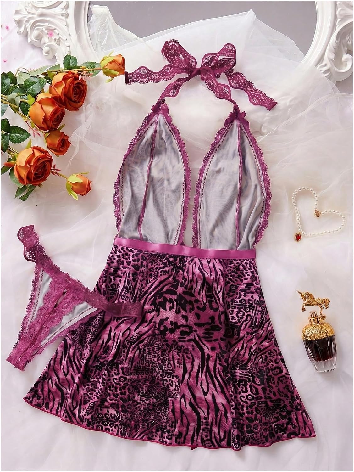 SOLY HUX Women's Sexy Leopard Lace Halter Babydoll Lingerie Set with Thong