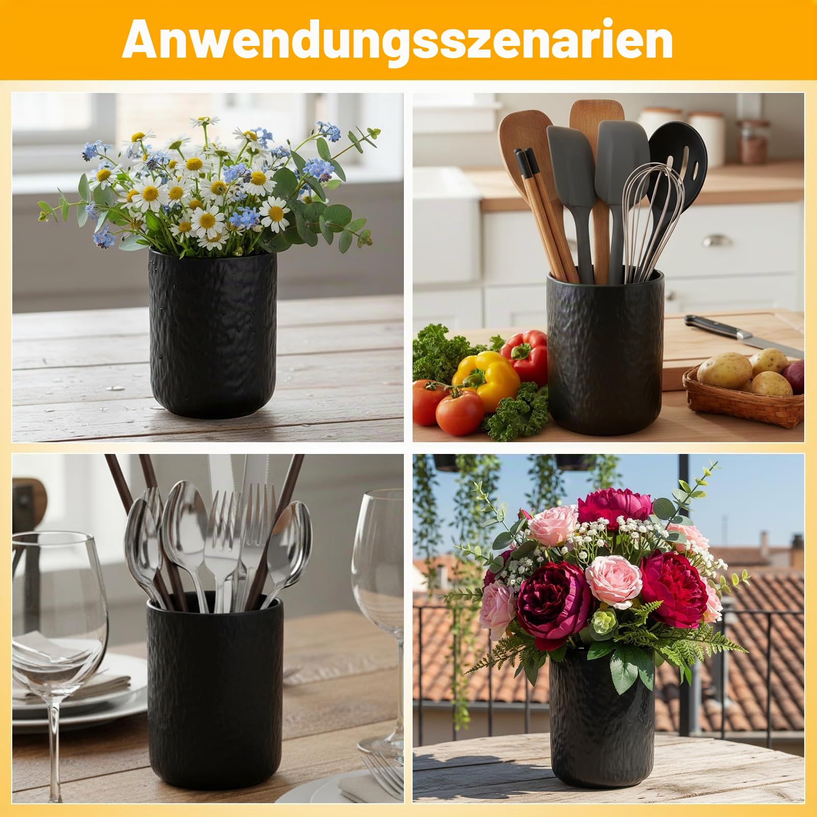 2 Stück Küchenutensilienhalter aus Keramik, Utensilientöpfe Große und Mittlere für Kochutensilien, Löffel, Spatel, Gabeln und Zubehör, Utensilienhalter Küche für Küchentheke (Nero1)