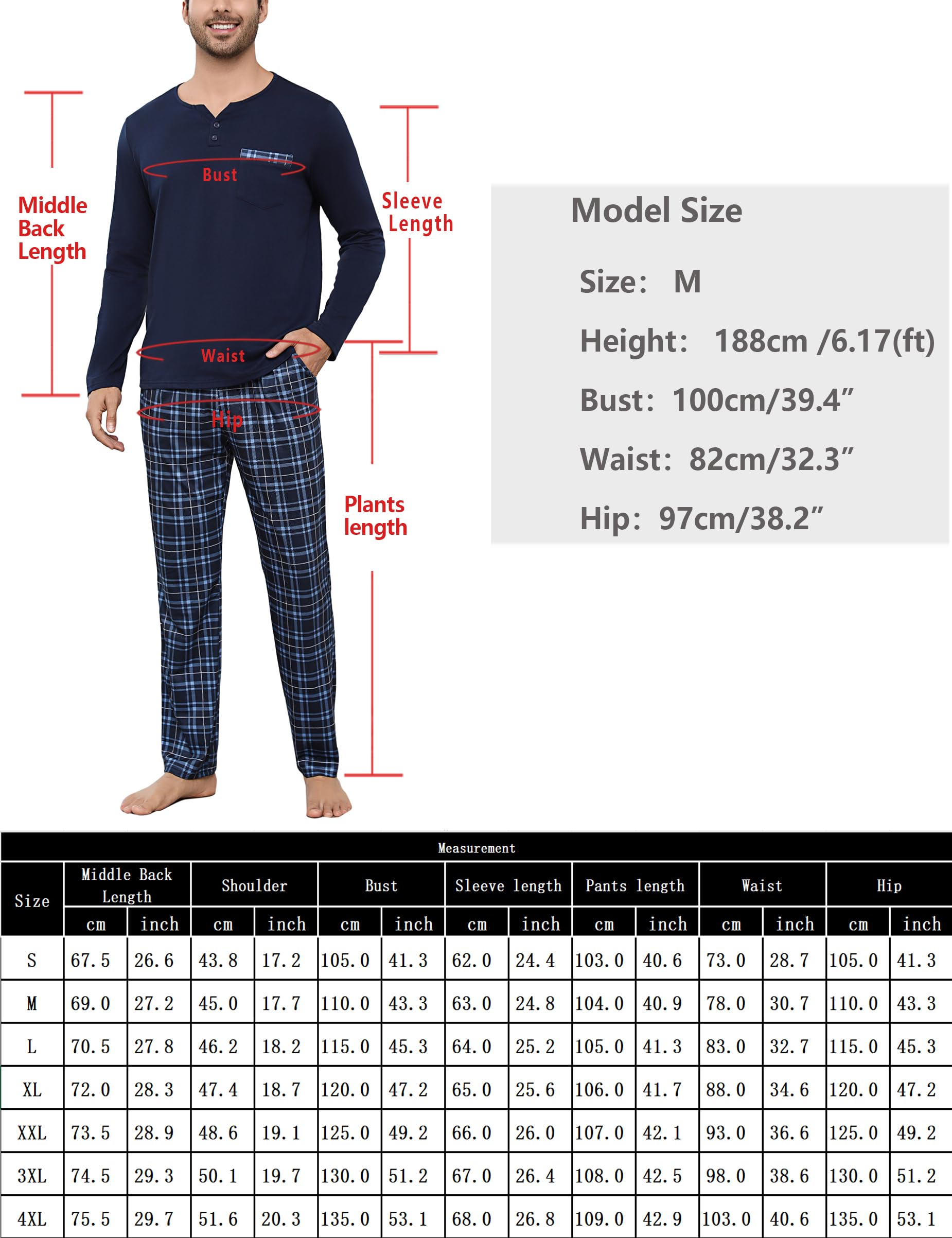 Bresdk Schlafanzug Herren Pyjama Set Lang Baumwolle mit 2 Knöpfen Zweiteilige Nachtwäsche