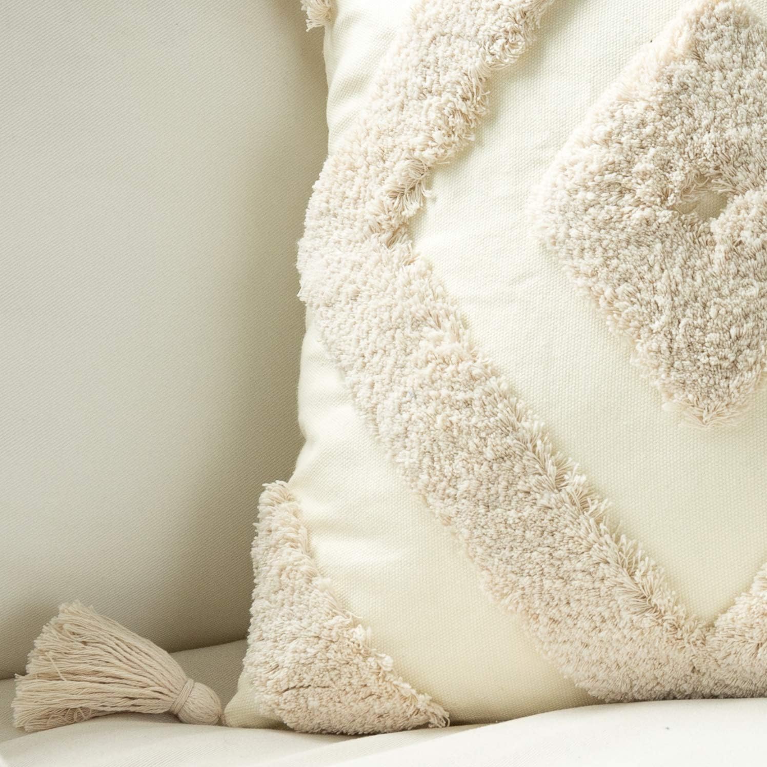 Snugtown Woven Tufted Boho Throw Pillow Cover Set of 2, Modern Decorative Geometric Diamond Chevron Cushion with Tassels, Farmhouse Tribal Pillowcase, 18 x 18 Inches, Ivory