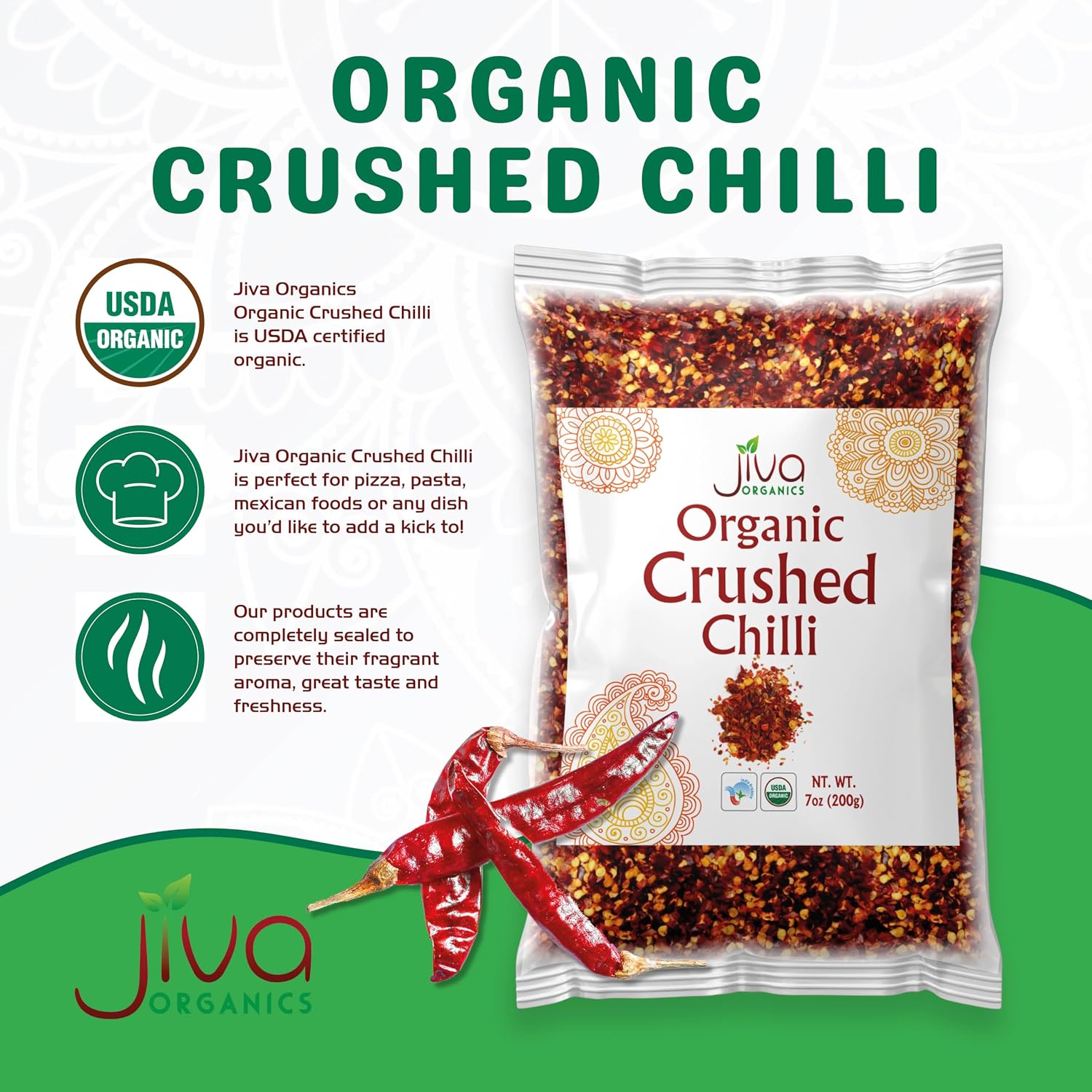 Jiva Organic Chili Flakes 7oz Bag - Crushed Red Pepper Medium Heat, 100% Natural & Non-GMO image 3