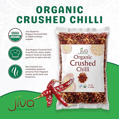 Miniatura 3 de Jiva Organic Chili Flakes Bolsa de 7 onzas  Pimiento rojo triturado de calor medio, 100% natural y sin OMG