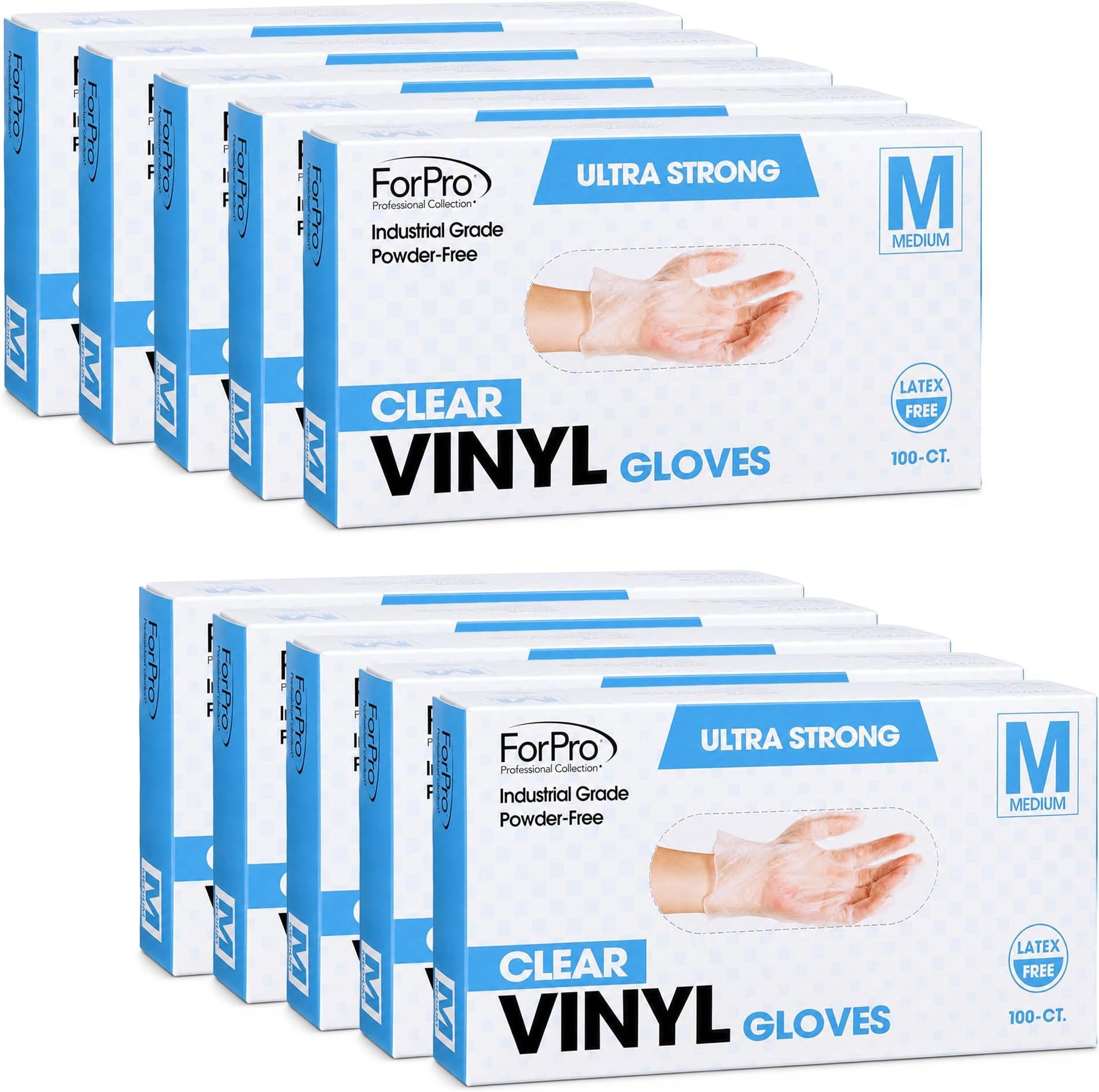 ForPro Disposable Vinyl Gloves, Clear, Industrial Grade, Powder-Free, Latex-Free, Non-Sterile, Food Safe, 2.75 Mil. Palm, 3.9 Mil. Fingers, Medium, 100-Count (Pack of 10)