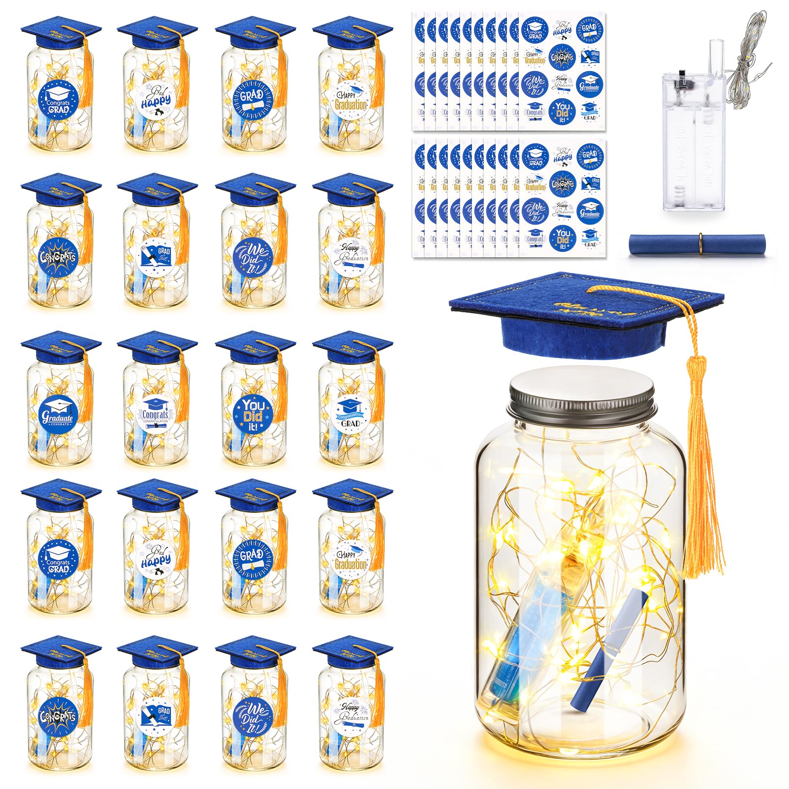 Photo 1 of 20 Sets 2026 Graduation Table Decoration with LED Lights, Mason Jar Graduation Centerpieces for Tables with Class of 2026 Felt Cap, Paper Roll, Stickers, College High School Grad Party Gifts(Blue)