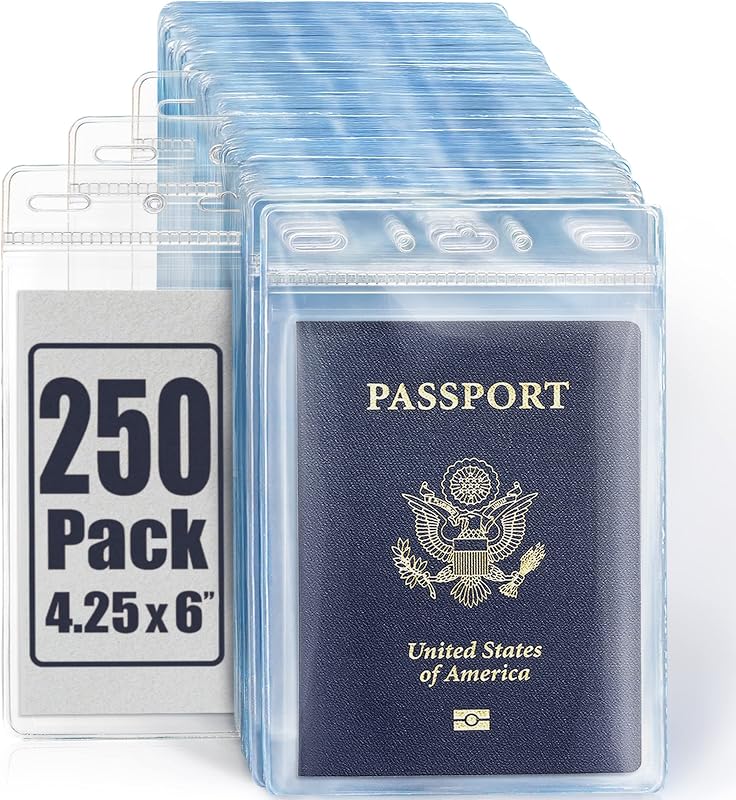 4x6 XXL Passport, ID, Name Card Holders - Vertical, Zipperless, 250 PK | Mifflin large clear plastic waterproof passport holder with soft edge, 5 pre-punched holes for all lanyard clips, bulk pack