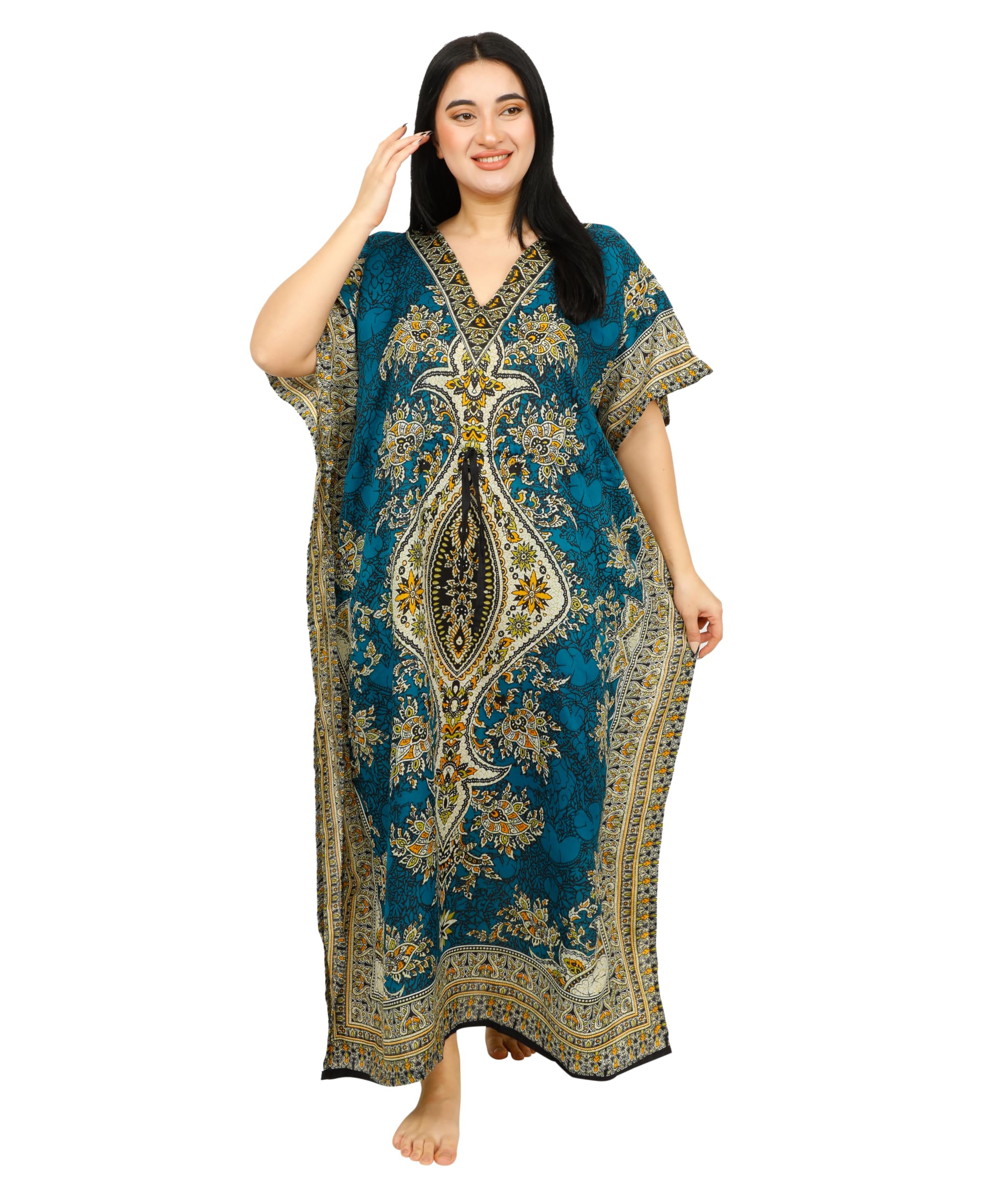 SHYAMVUN Kaftan for Women | Kaftan Dresses Full Length Maxi Dress Free Size | Kimono Style Caftan Tunic for Beach, Holiday, Party, Nightwear & Loungewear | Lightweight Relaxed Fit (Teal)