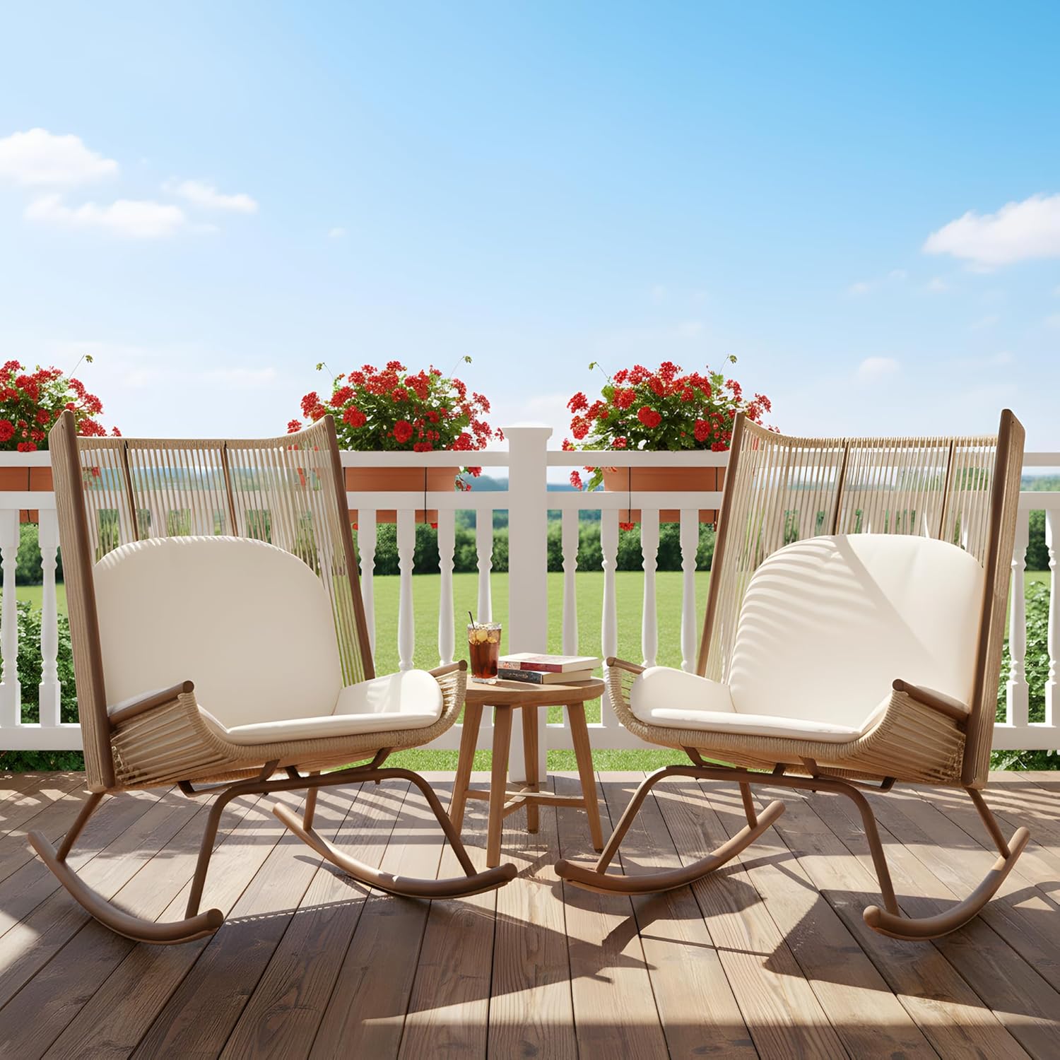 Christopher Knight Home Armont Outdoor Rocking Chair Set of 2, High Back PE Rattan Wicker Rocker with Metal Frame, Rocking Chair with Cushion, Rocker with Ergonomic Design for Patio or Lounge, Beige