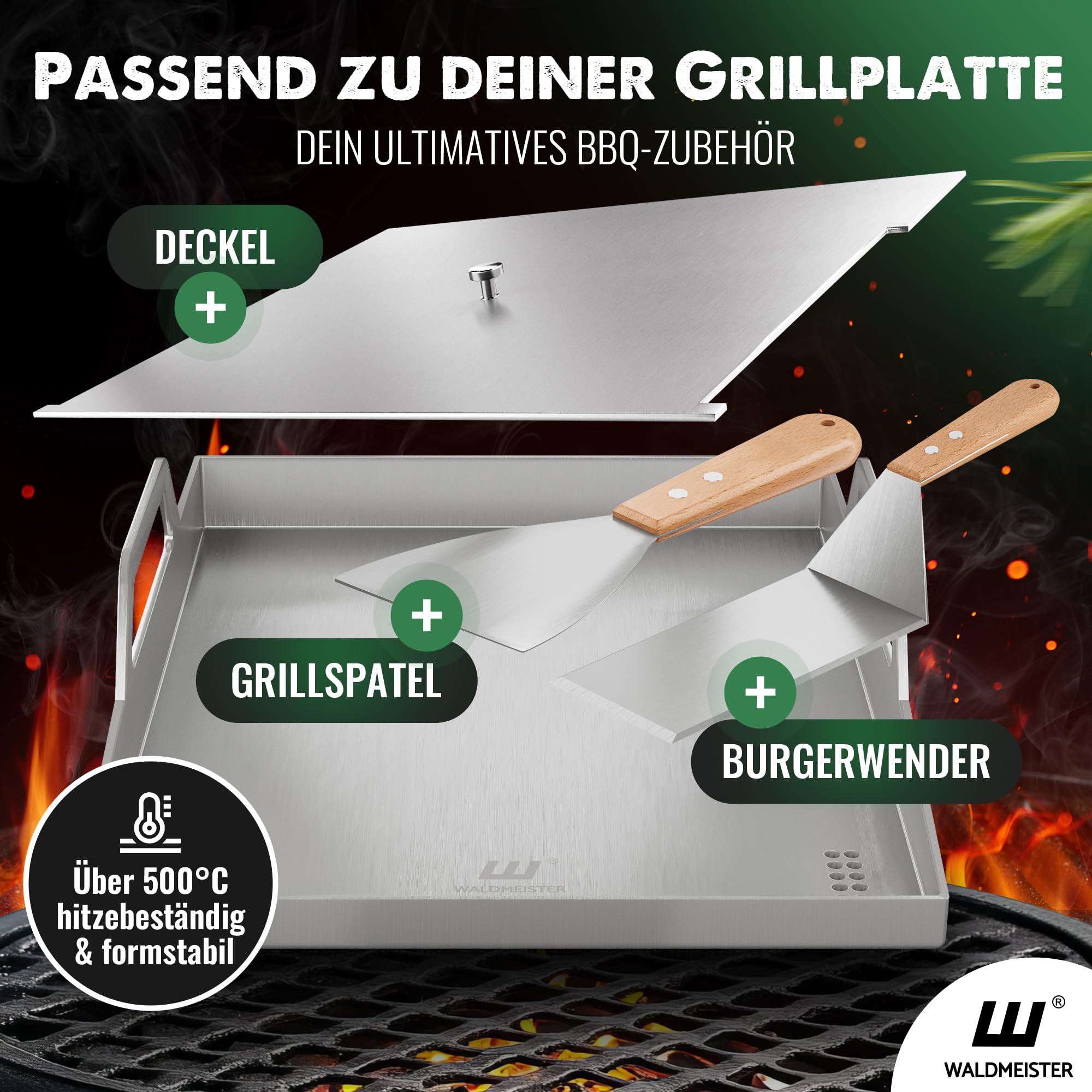 WALDMEISTER Plancha Grillplatte Edelstahl 40x30cm mit Griffen Deckel 2 Grillspachteln Gasgrill Grillzubehör