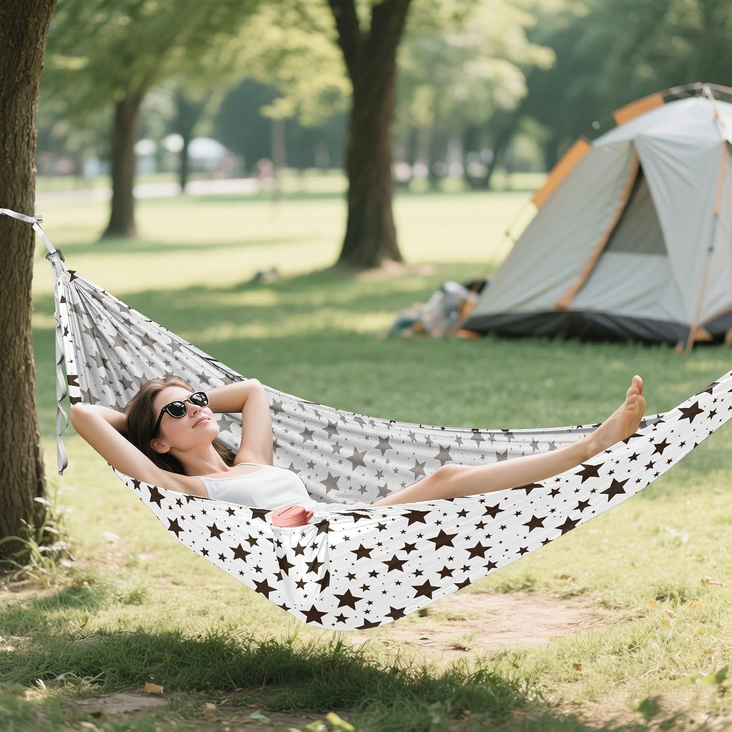 Black and White Illustration Design Stars Brown Hammocks for Camping with Tree Straps Backyard Hammock for Camping Travel Accessories