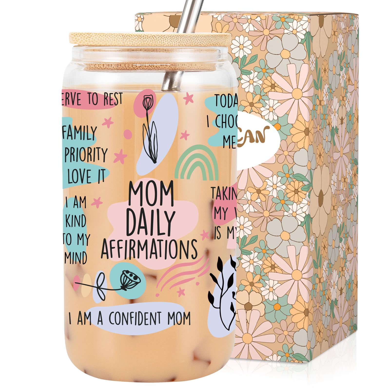 LEADO Mama Daily Affirmations Cup, Boy Mom Gifts - Christmas, Mother Birthday Gifts, Inspirational Present for Mother, Boy Mom, Girl Mama - Mommy Tumbler, 16 oz Iced Coffee Cup with Lid and Straw