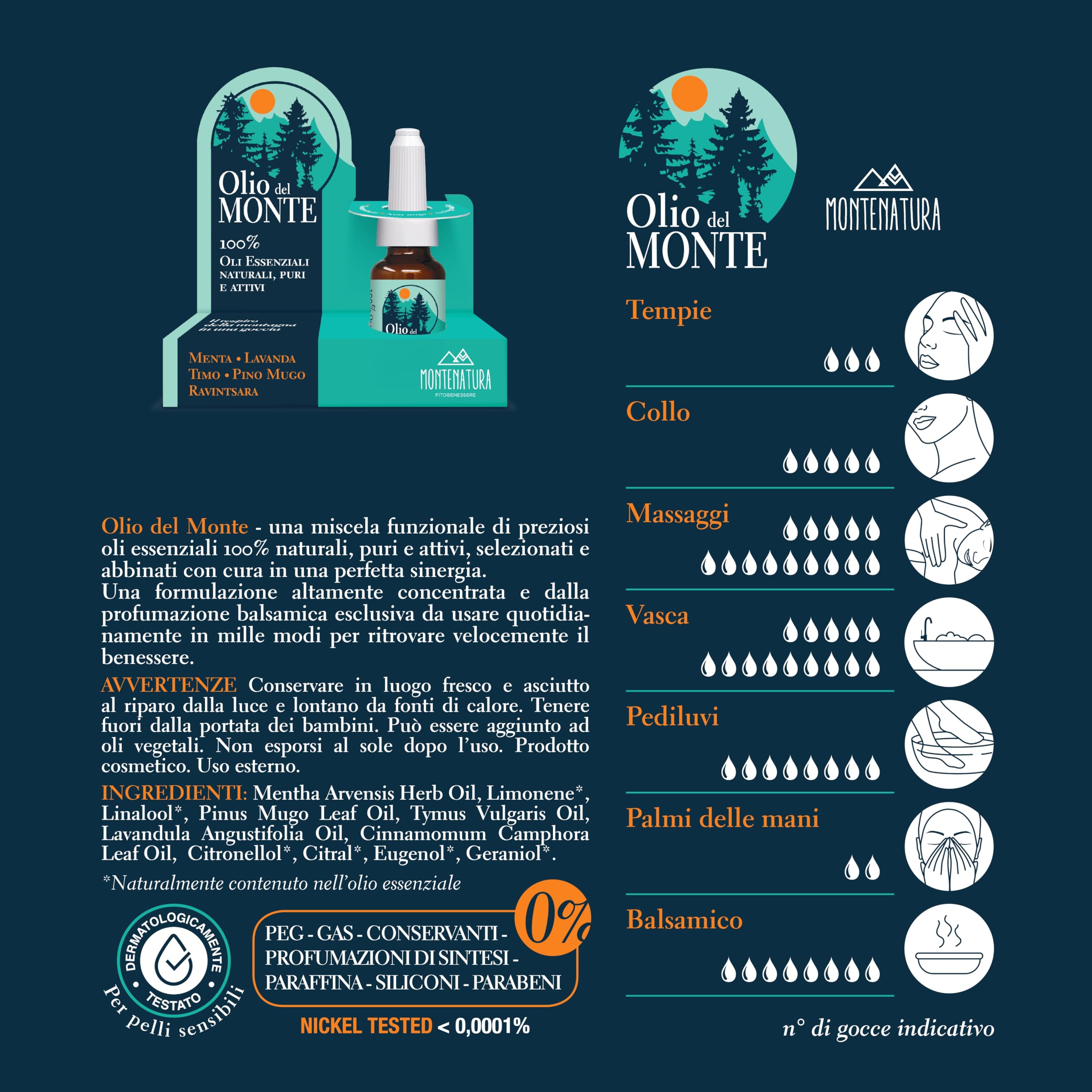 MONTENATURA® Olio Essenziale MONTE | Miscela Balsamica 100% Pura, Multi-Uso | Lavanda, Menta, Pino Mugo, Timo, Ravintsara | Per Diffusore, Massaggi e Vie Respiratorie | Non Unge (10ml)