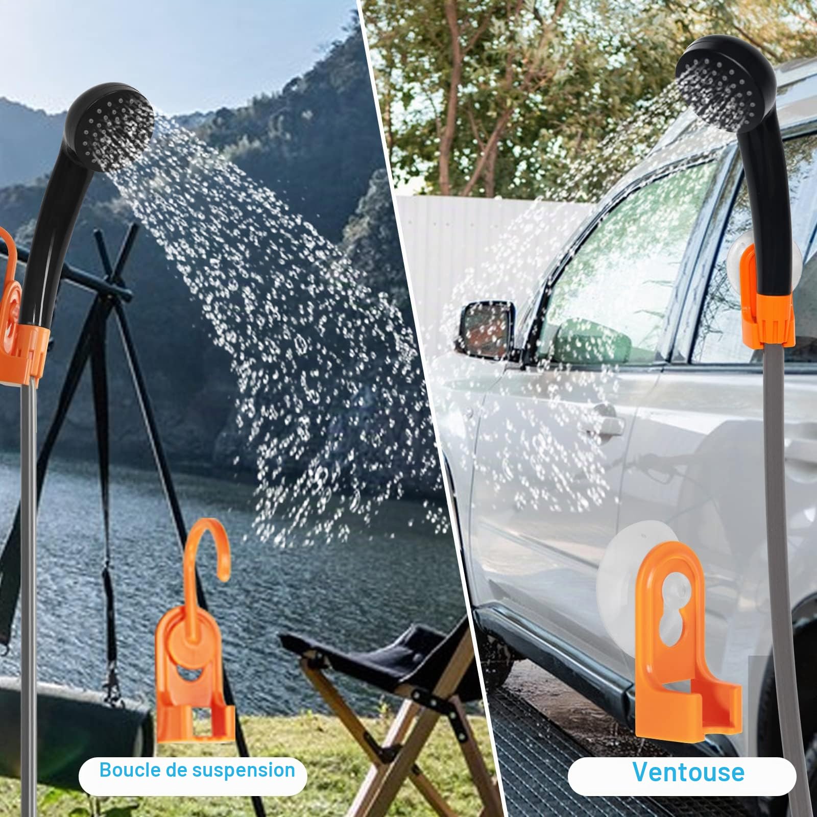 Douche de Camp Portable,Pompe de Douche avec Piles USB Amovibles,Pomme de Douche Portable d'extérieur,Pompe l'eau du Seau en Un Jet de Douche Doux et Constant, pour Le